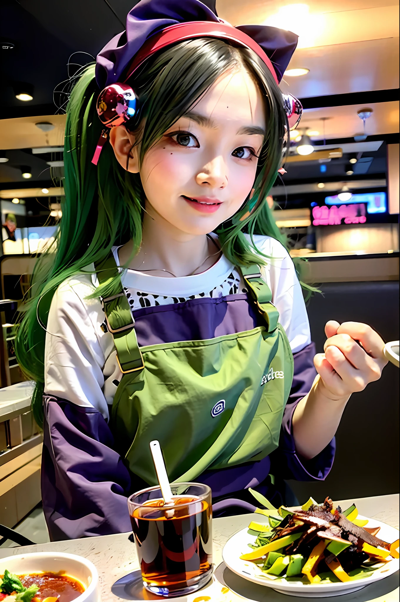 tmasterpiece， Best quality at best， POV， 1girll， length hair， head gear， Green hair， Twin-tailed， aprons， ssmile， desks， food， eats， dining room