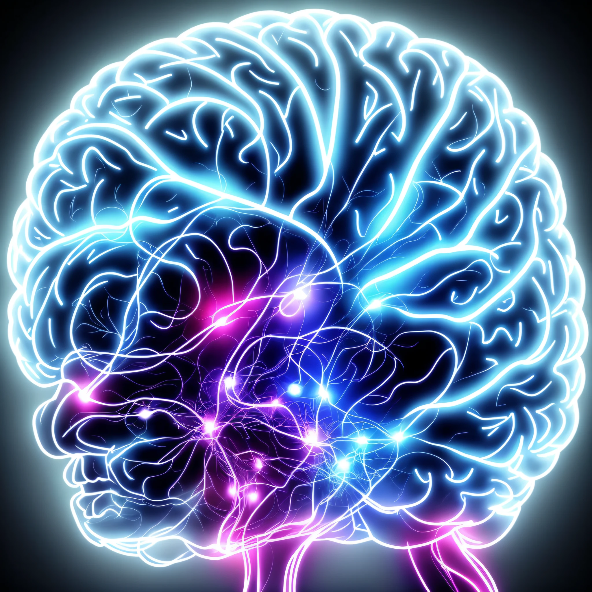 A profile picture is a square picture that can be used vertically. No centro da imagem, there is a silhouette in the shape of a brain. Esta silhueta cerebral tem um visual moderno e estilizado. The inside of the brain is filled with metallic and shimmering circuits. The circuits are interconnected to form a complex network. Metal parts and digital codes seem to move-se dentro da silhueta cerebral. Above and below the brain silhouette is a faint beam of light. The beam of light indicates a source of artificial intelligence and makes the image dynamic. In the background, there is a gradient effect in shades of blue and purple. This gradient changes color with a smooth transition from top to bottom. The silhouette of the brain is drawn in a minimalist style and has sharp lines. The colors are vibrant and striking, but at the same time offer a modern feel. --auto --s2