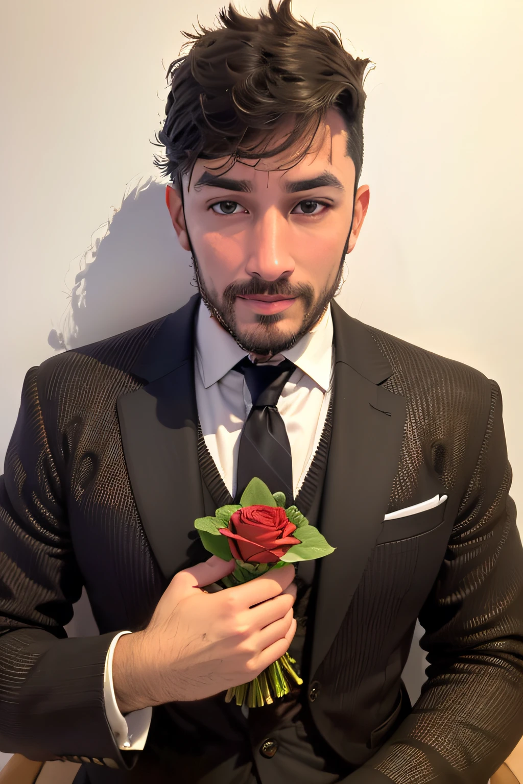 a man wearing a tie and a sweater jacket and a sweater jacket, looking-into-camera, second in his hands a bouquet of roses, flor rosa, Rose with thorn in her hands