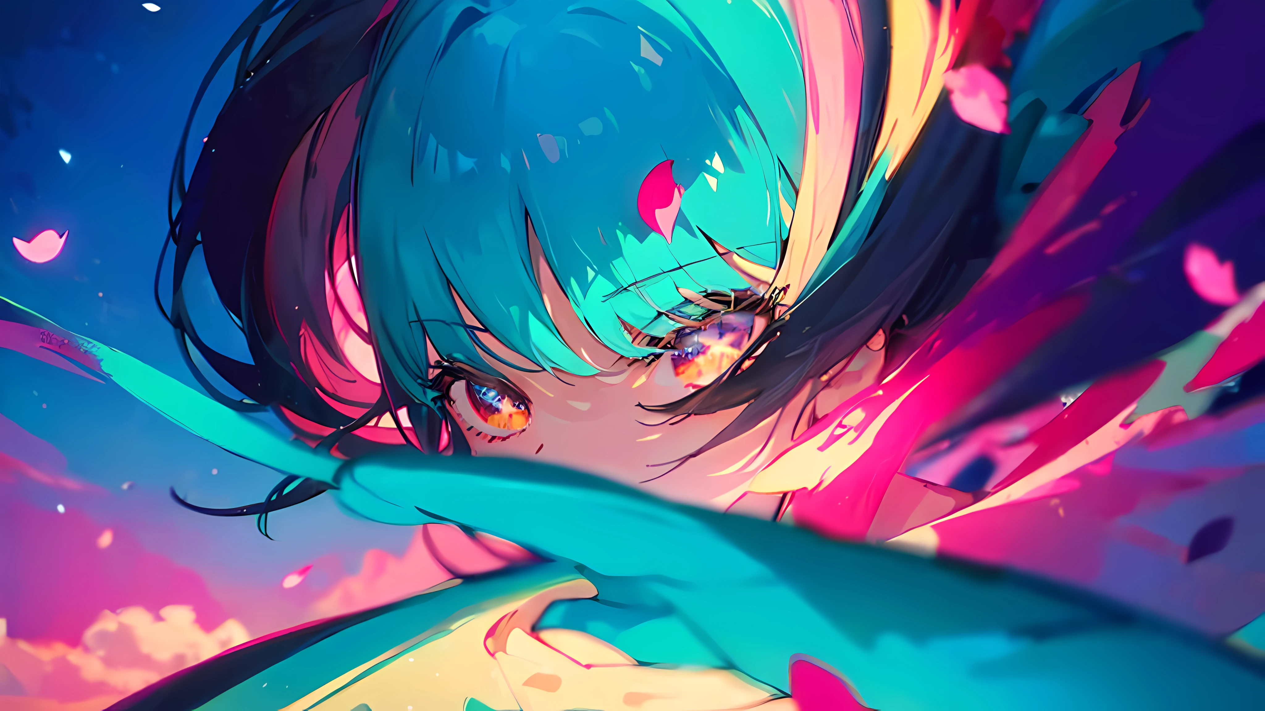 tmasterpiece，Unbeatable perfection，（（Extremely high resolution）），Extreme clarity and comfort，extremely detailed CG unity 8k wal，stable，best qualtiy，multi-detail，Best shadow，little breast，（（An extremely delicate and beautiful girl）），Most Best Illustration，One layer thickened，kawaii，Brilliant colors，Extremely detailed fingers，Rainbow hair，Amazing，Dreamy，untrue，In a dreamy sky with blue-pink clouds：1.2，There are some stars in the sky，Clear turquoise sky：1.2，petals，Colorful clouds，depth of fields：1.12，Beautiful detailed sky：1.18，Cyan sky， Three-dimensional structure，Beautiful details glow，Upper body image，Close to the screen：1.34