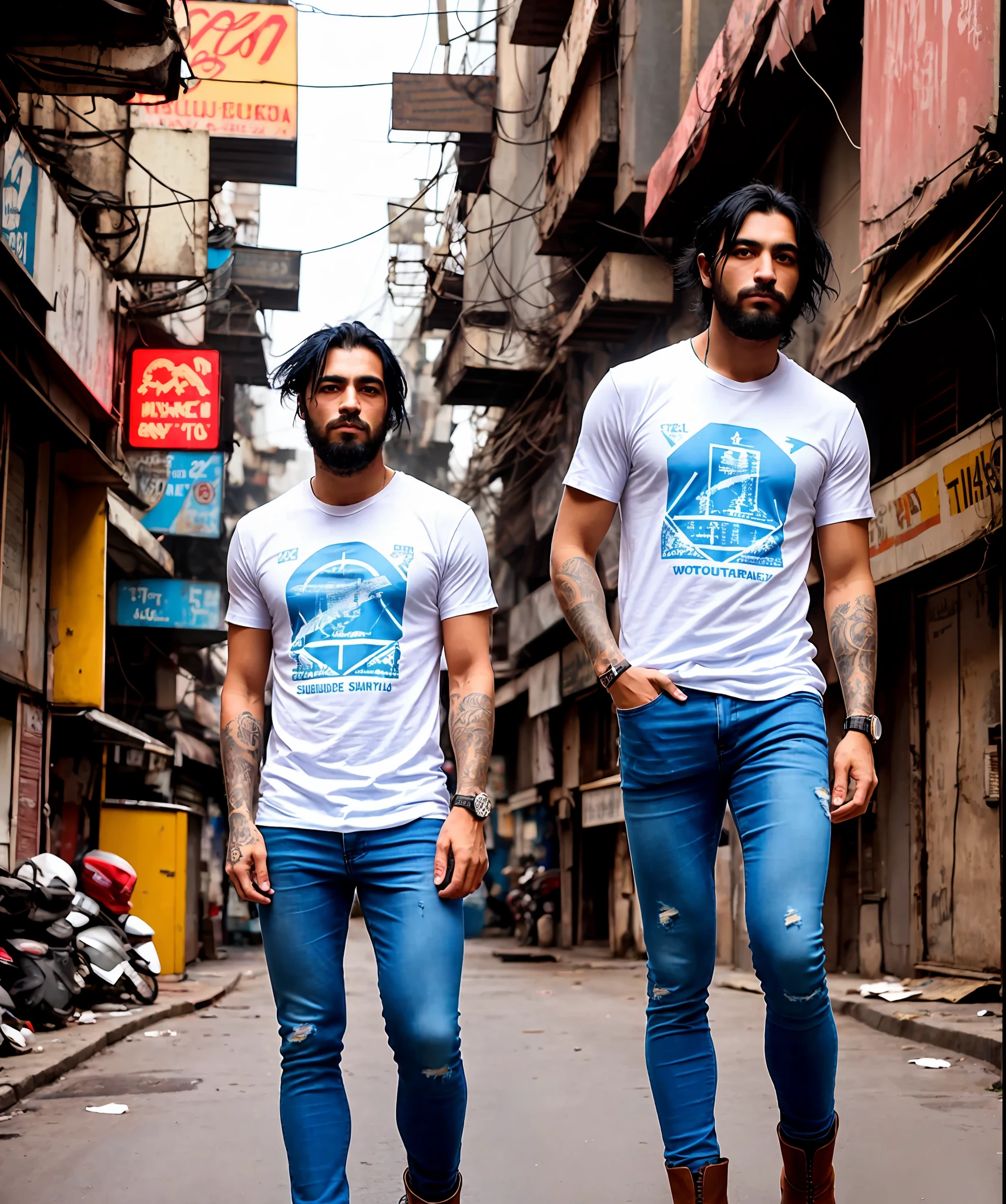 1boy, Black hair, Turkish french bearded, artistic photograph of a cyberpunk thug, wear white round neck Tee-shirt, Blue tight jeans, ankle boots, full body shot, extremely detailed, centered, intricate neon slums in the background, high resolution, hyperdetailed, soft lighting, film grain