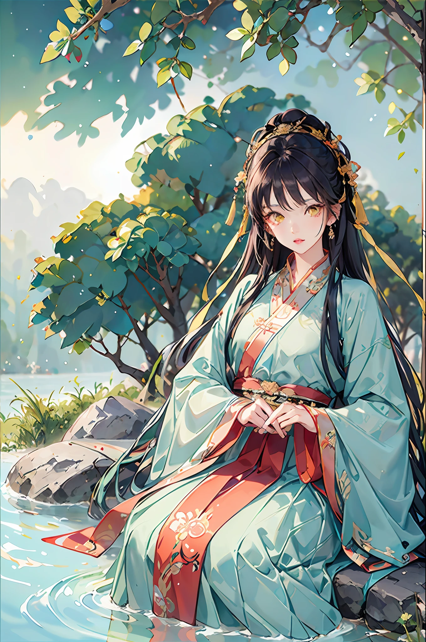 Best quality, intricate details, high resolution, (beautiful details water: 1.4), (Hanfu, Tang style), yellow eyes,
