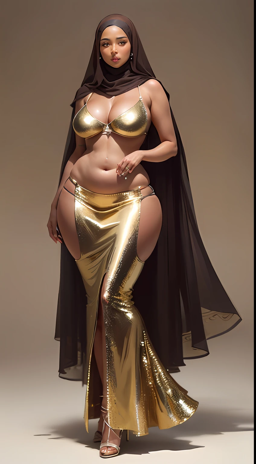 (20 years old:1.9), alluring plus sized model mighty plump female sorceres voluptuous figure, voluptuous body curvaceous indian armpits bellydancer 8k high res knees ankles , royal skimpy underwear, cleavage (shiny skin:1.5) depth of field (full body shot) (high heels) (brown skin:1.7) (hijab:1.2) (veil:1.2) black theme (masterpiece:1.8)