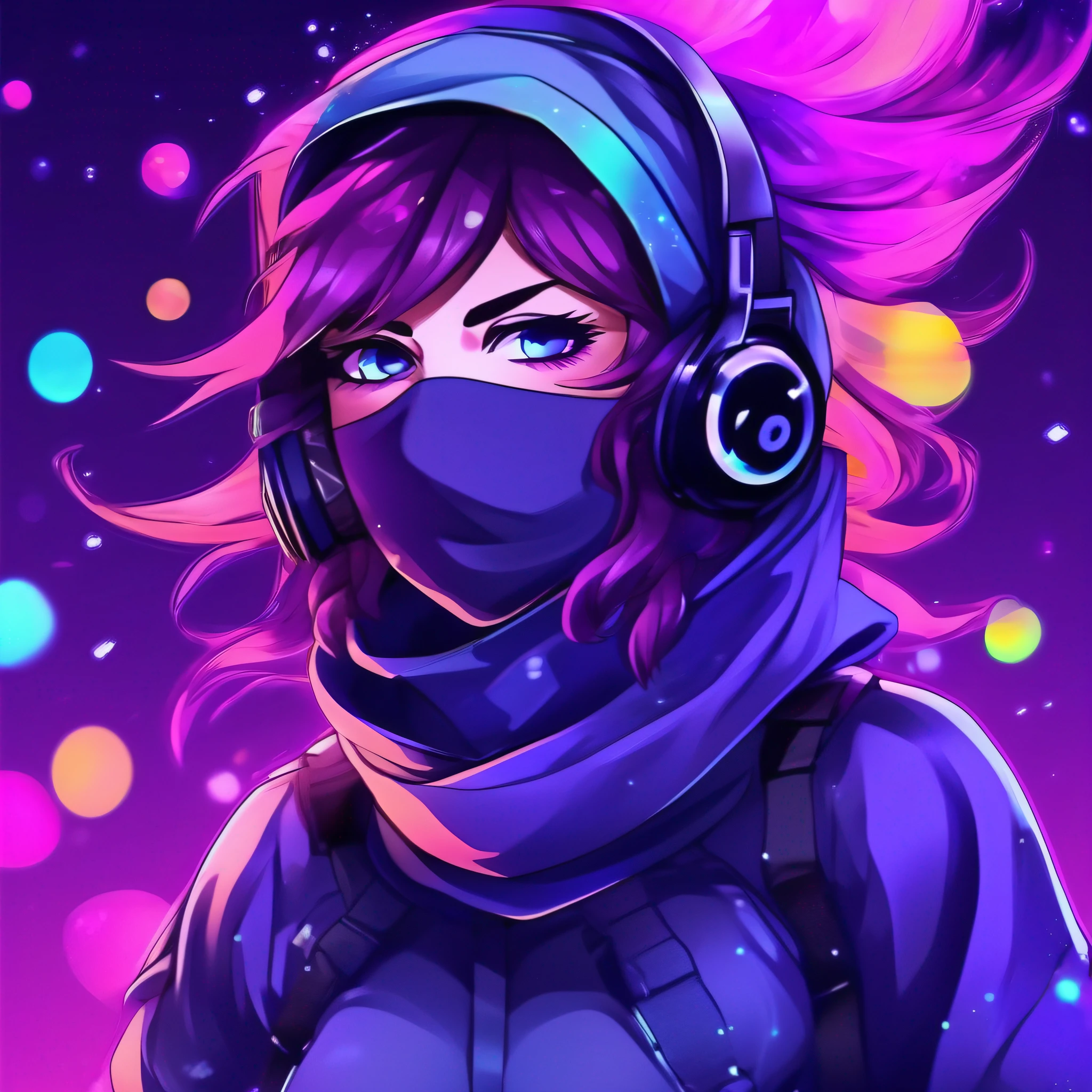 Mulher ninja com fone de ouvido sentido paz, olhos fechados, rosto bonito, cores RGB, cabelo roxo brilhante, colorido anime, fundo brilhante, Banner for youtube video,  feliz, nuvens com cores RGB, cores RGB brilhantes, completo, ser celestial.