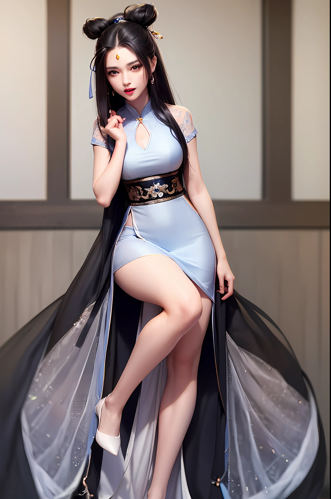 Best quality details, realistic,8K UHD, High definition, hyperdetailed, High quality detailed texture, High quality shadow, Detailed beautiful delicate face, Detailed beautiful delicate eyes, Depth of field, Ray tracing, perspective, 20's, only one person,
indoors,ancient china background, china patterns,
Pretty Kpop girl group,
head tilt, leg up, legs together, perfect body, lean body, medium breasts, thin waist, wide hips,
hair stick, hairpin, hair ornaments,
light smile, lovely face, slender face, fair white skin, glowing eyes, glossy lips, bags_under_eyes, pale pink lip, beautiful eyes, eyelashes, Thin lips, (noble girl), eyeshadow, makeup, eyeliner,
shawl, hagoromo, hanfu, detailed clothes,