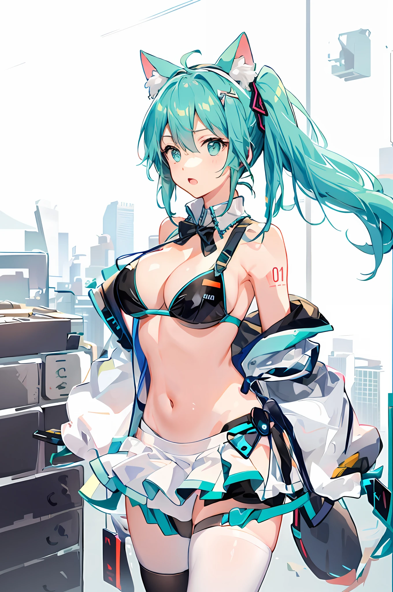 巨作, Best quality, Big breasts Hatsune Miku, Cat ears, breast upturned buttocks, navel, White panties, 8K flap skirt, Shy, Long hair, Double ponytail