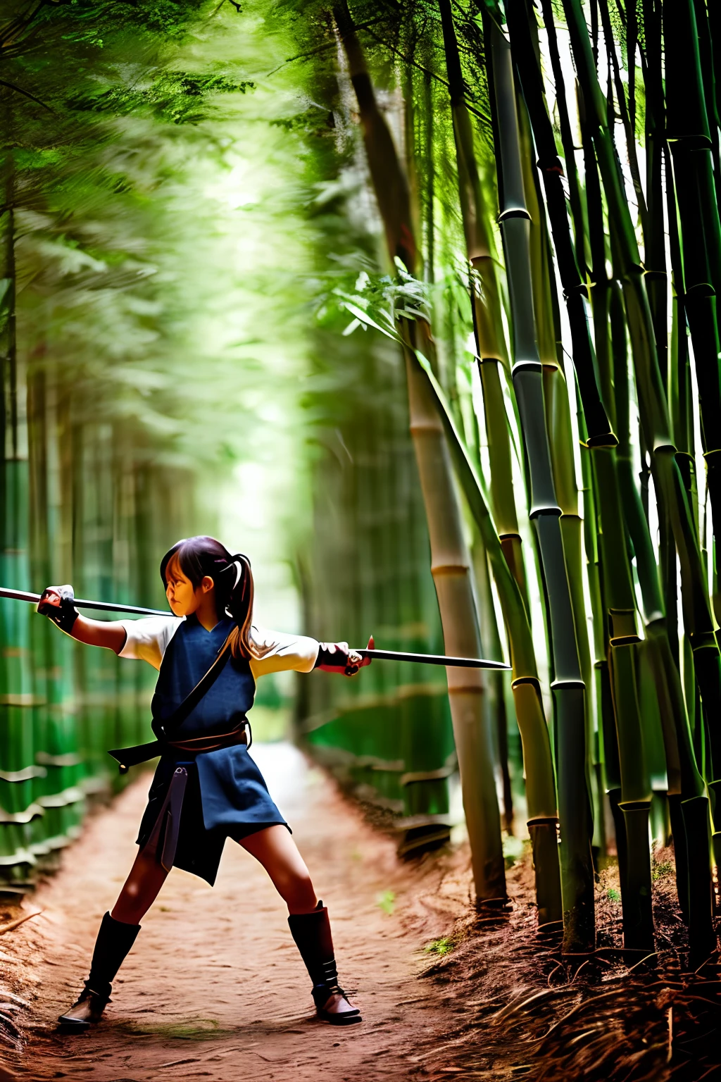 A girl practicing swords in a bamboo forest