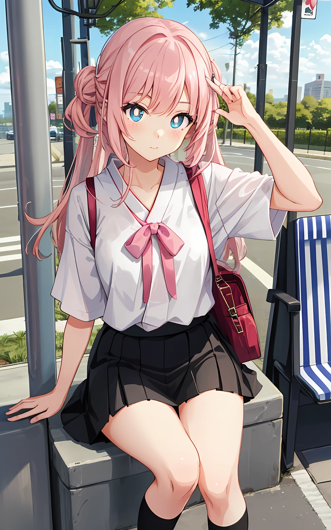 Cute girl with pink hair，Overlooking，Pink pupils，Japanese manga style，tmasterpiece，White top，a black skirt，black over-the-knee socks，Next to the bus stop，rays of sunshine