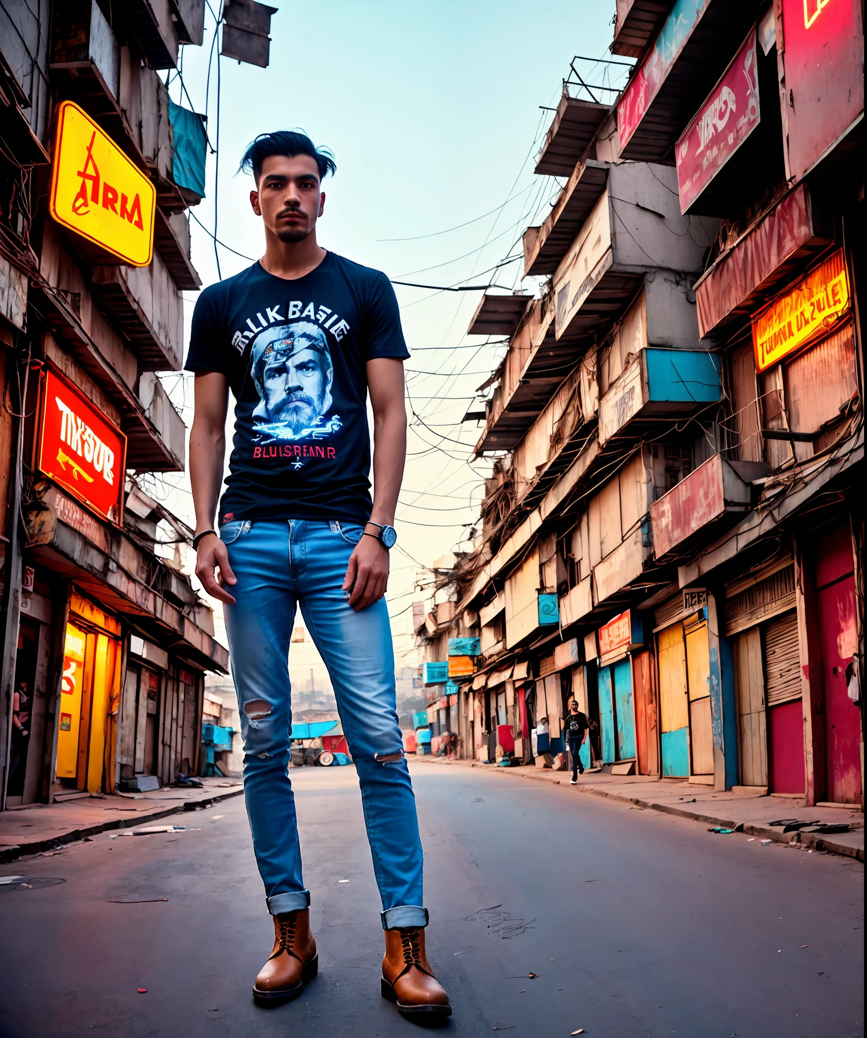 1boy, Black hair, Turkish french bearded, artistic photograph of a cyberpunk thug, wear white round neck Tee-shirt, Blue tight jeans, ankle boots, full body shot, extremely detailed, centered, intricate neon slums in the background, high resolution, hyperdetailed, soft lighting, film grain
