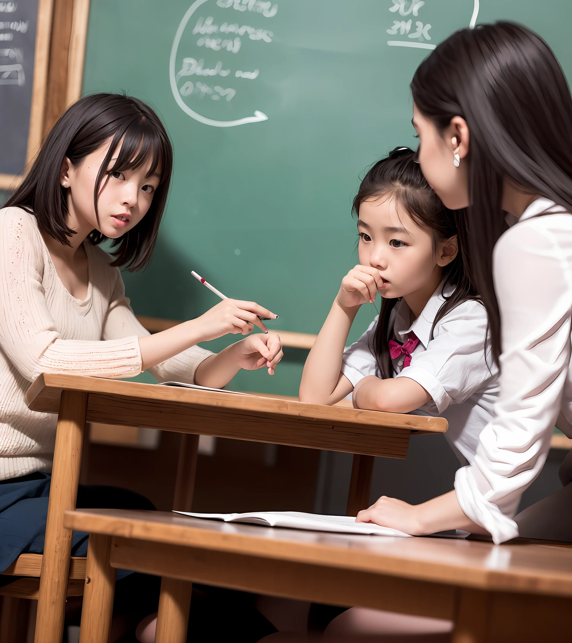 Same class at the same table Girls Midday sun Blackboard