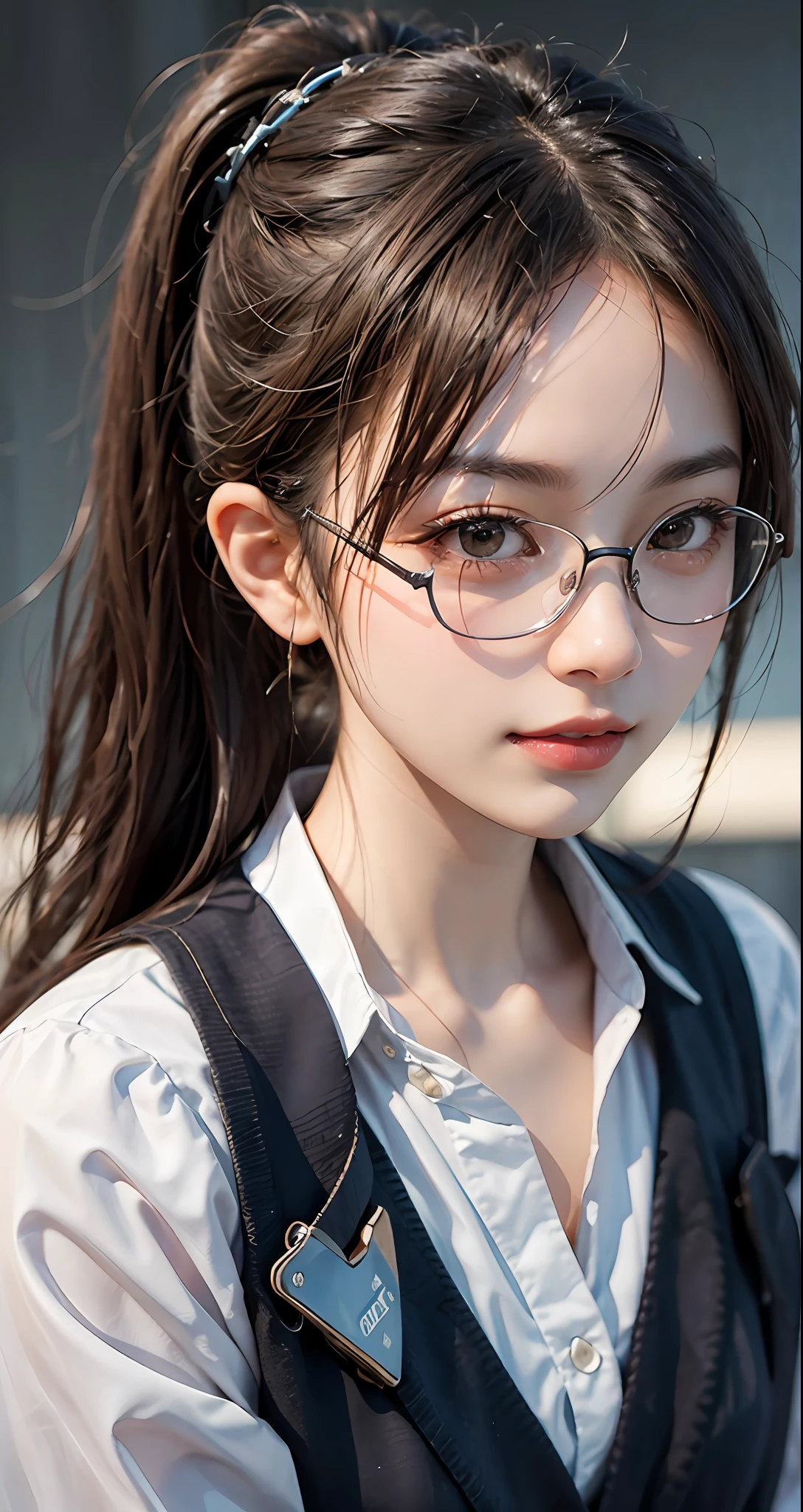 tmasterpiece， 1 beutiful girl， A detailed， Swollen eyes， top Quority， 超A high resolution， （Realistis： 1.4）， RAW photogr， 1girll， cinmatic lighting， ssmile， jpn， a asian beauty， South Korean， Ren， Super beautiful， Small young face， Beautiful skins， Slim， cyberpunk backgrouns， （Ultra photo realsisim）， （A high resolution）， （8K）， （非常A detailed）， （Most Best Illustration）， （eyes in beautiful detail）， （ultra-detailliert）， （the wallpaper）， （Detailed face）， audience looking， finely detailled， Detailed face，pureerosfaceace_V1，ssmile，46 points oblique bangs，Staring straight ahead，Neatness（Fashionab，Plain，Folded collar，Irregular，Shirt feel，Date dress），the body is facing forward，photograph of-realistic，a horsetail，wears glasses，Long hair ，High ponytail