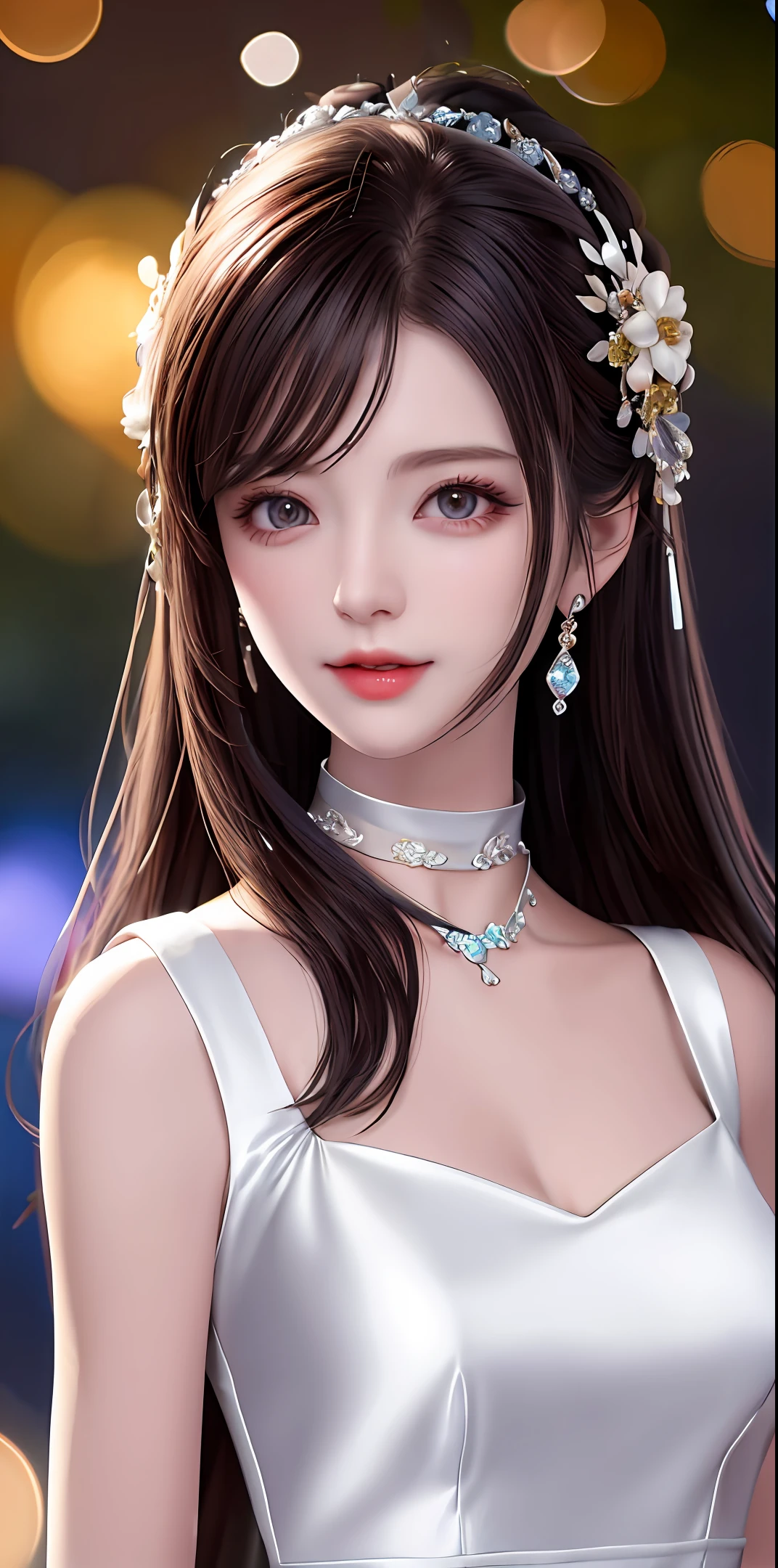 Best quality at best,tmasterpiece,A high resolution,1girl,Transparent silk porcelain dress,beautiful face,hair adornments,looking at viewert,ssmile,close mouth,res lips,shift dresses,hair adornments,choker necklace,jewely,length hair,whaite hair,耳?????? Ring,beautiful face,upon body,dingdall effect,真实感,dark studio,edge lit,twotonelighting,(highdetailskin:1.2),8k uhd,digital DSLR camera,softlighting,high qulity,Volumetriclighting,sneak shot,The photograph,A high resolution,4k,8k,Background bokeh