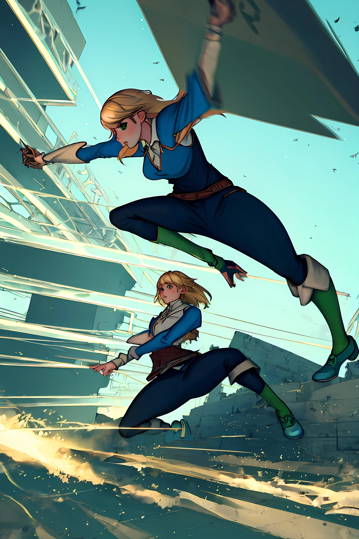 Gwen Stacy, Full body, On top of the building, Cinematic, Ultra photo realsisim，Green canvas shoes