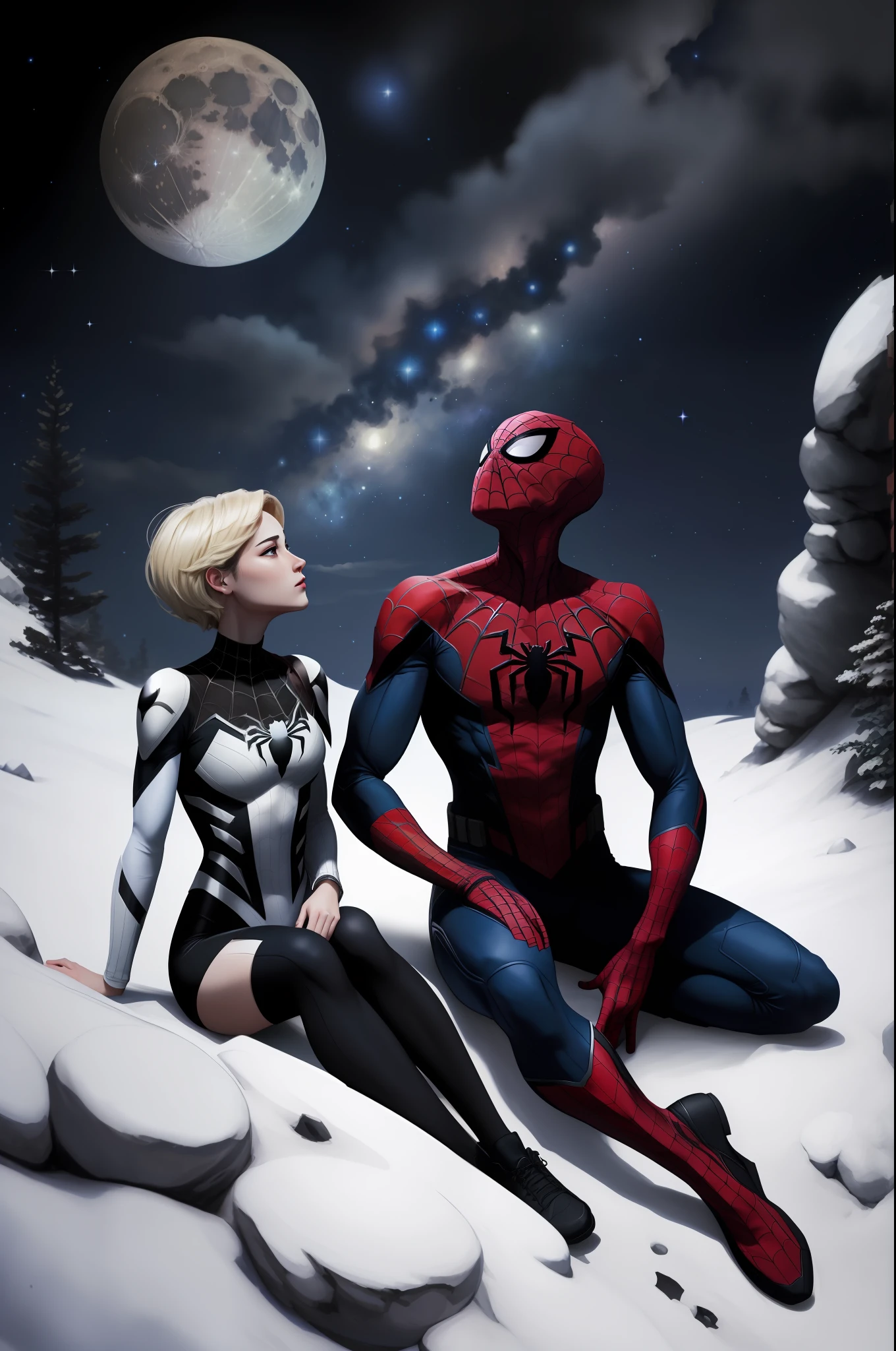 Spider-Man Parallel Universes,(masterpiece),best quality,Cool drawing,The protagonists are Miles and Gwen sitting on the moon,Look up at the moon together,Detail is extremely fine。(2guys),(Miles is the black Spider-Man,Gwen is the white Spider-Woman)The vast starry sky and the distant Milky Way surround it,It creates a mysterious and wonderful feeling,There are also some small twinkling stars in the distance,The whole picture is very beautiful。
