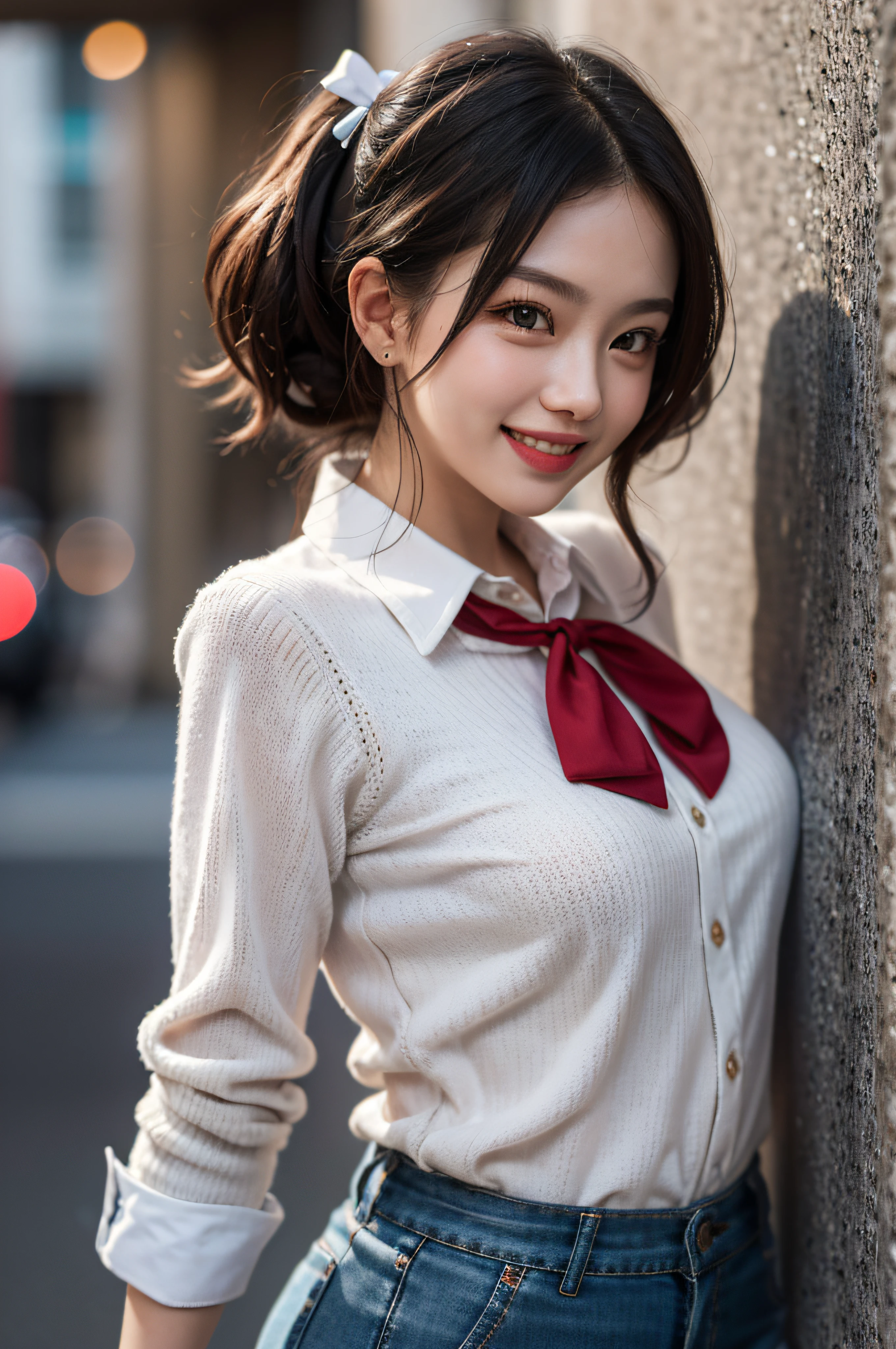 Master masterpiece, beste-Qualit, hight resolution, fel1, Pretty Woman, whiteshirt, Red bow,Cute clothes、collared shirt, Sweater Vest, Cowboy Shot, Smiling face, Open your mouth、front、Joy