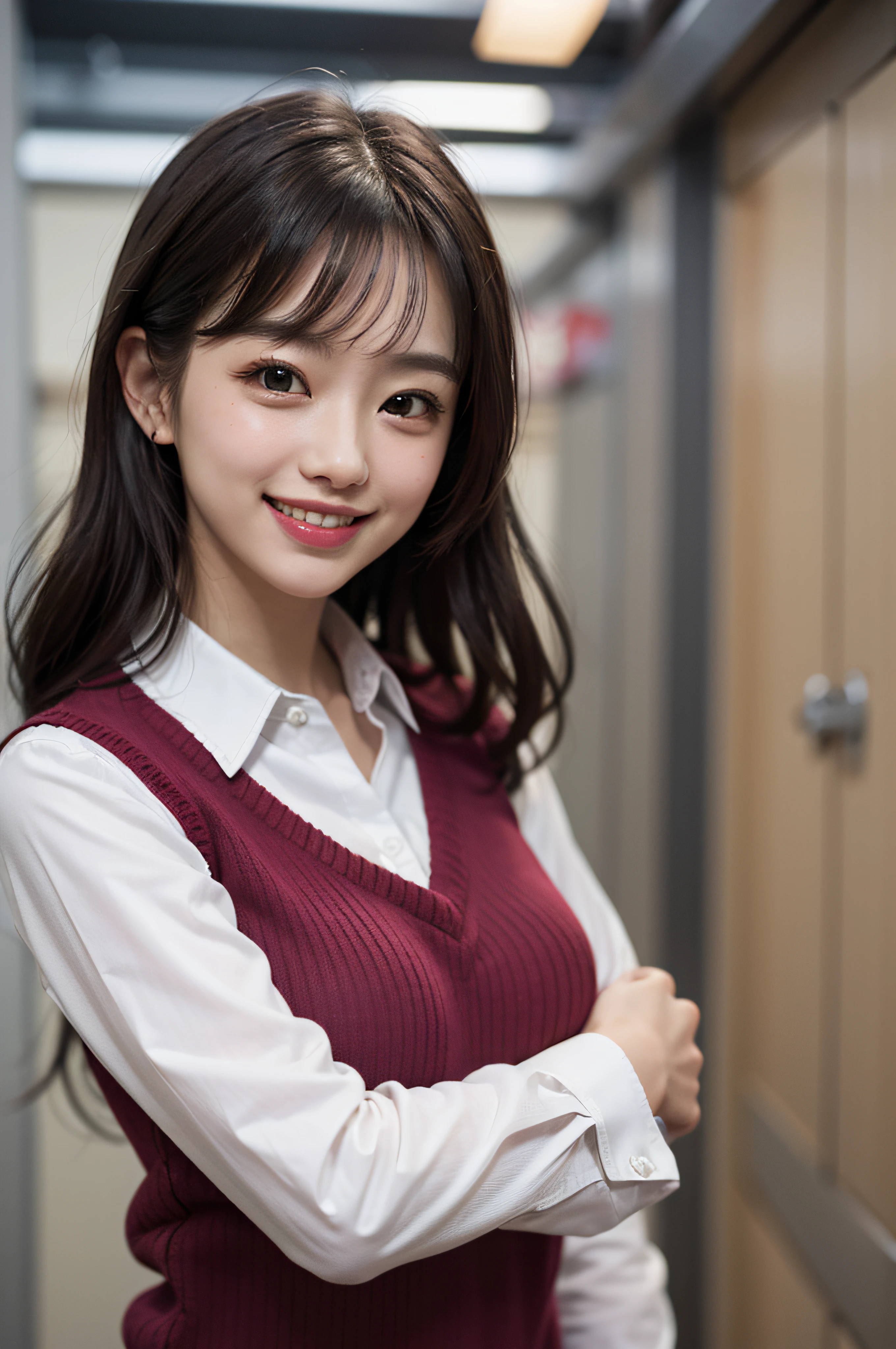 Master masterpiece, beste-Qualit, hight resolution, fel1, Pretty Woman, whiteshirt, Red bow,Cute clothes、collared shirt, Sweater Vest, Cowboy Shot, Smiling face, Open your mouth、front、Joy