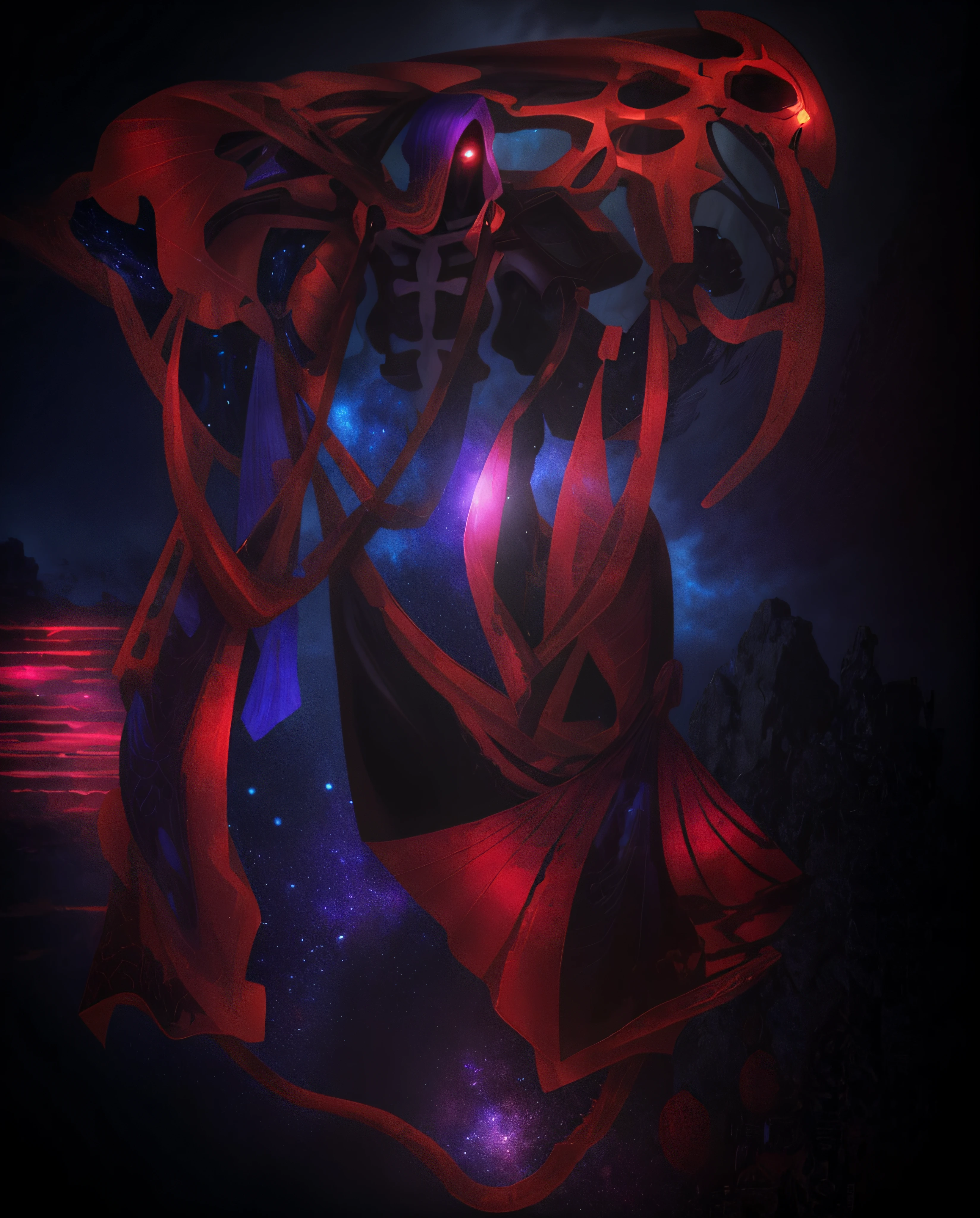 there are two people that are standing together in the sky, cosmic horror entity with wings, mindflayer, Godrays Pintura Digital, illithid, Mente Lilitida Flayer, Noturno de League of Legends, Mind Flayer, pintado no estilo arcano, psychic mind flayer, Aetherpunk Airbrush Arte Digital, ceifador de almas