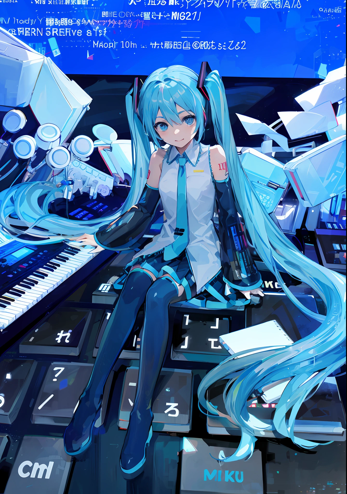 Anime girl sitting on blue keyboard, hatsune miku portrait, Pisif style digital art, 4K anime style in night view, Hatsune Miku vocal cords, mikudayo, Pisif Contest Champion, Os amigos, Yuumei digital anime art,Digital creation,pixiv style.