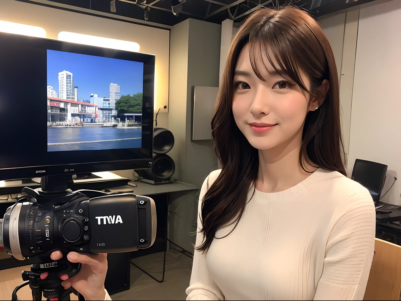 news show、TV studio、Beautiful Japan female announcer、Appearing on TV shows、TV Camera View、Upper body by sitting
