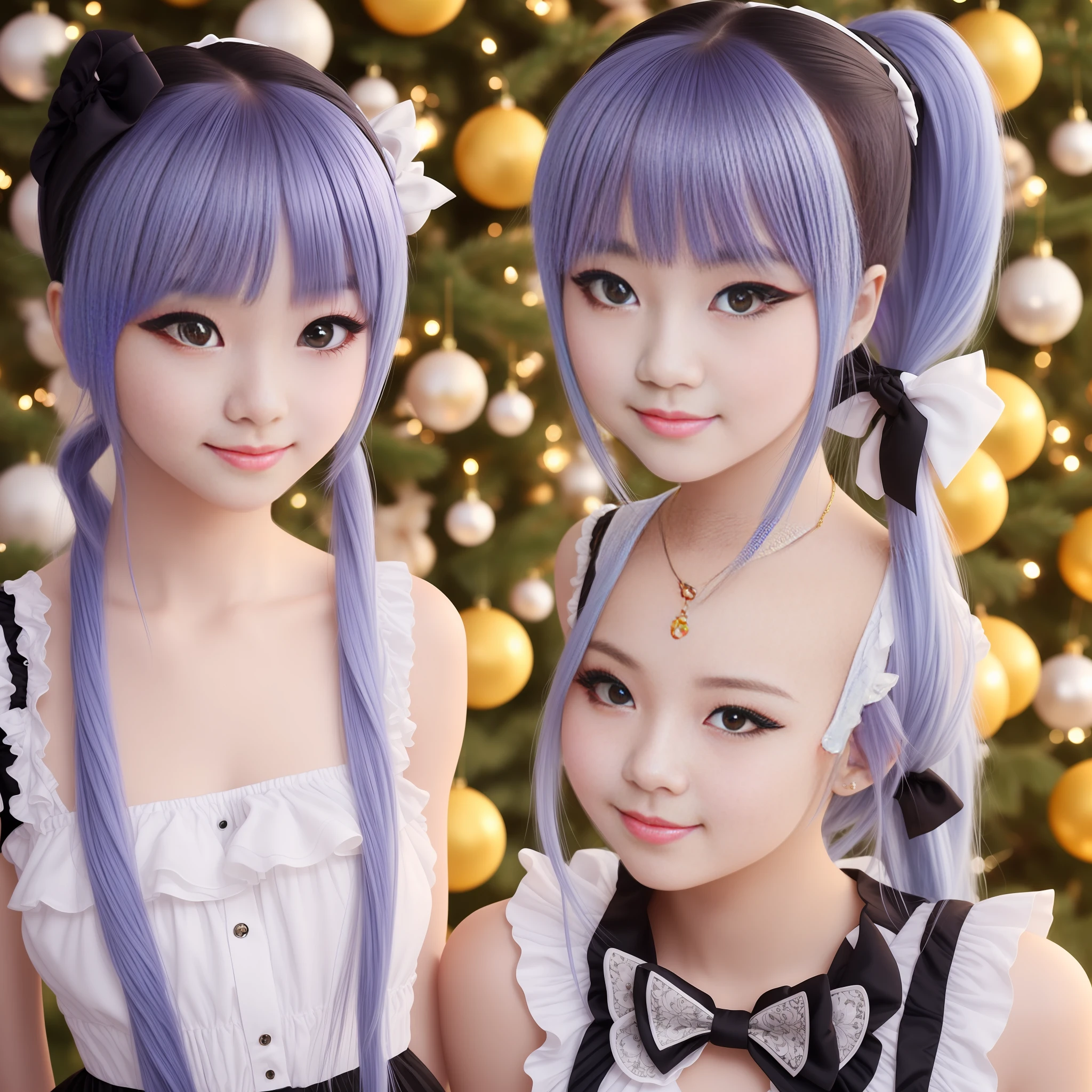A girl with,ssmile,Double ponytail blue hair,Black and white ta,golden ornaments,adolable,One pupil is blue,One pupil is purple,plumw,volutpuous --auto