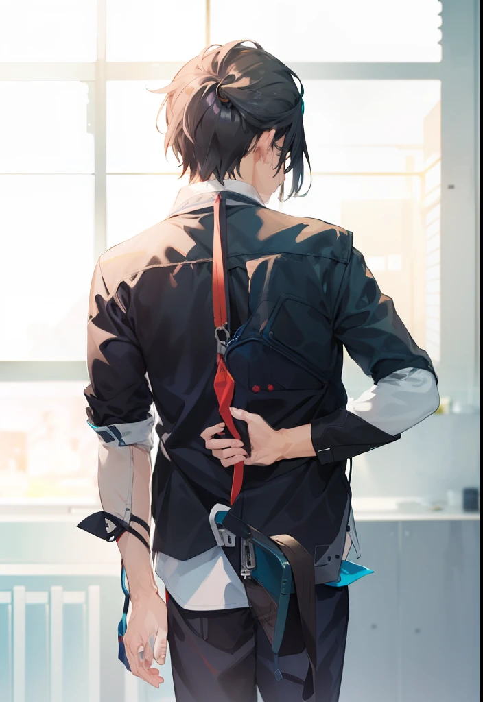 A man stands in front of a television，It has the artistic style of Makoto Shinkai，Exquisite and tasteful，Sleek anime CG art with official illustrations，Presents a high level of detail，At the same time, SF guarantees safety，There is a work of art in the Guvez style，This work is written by Makoto Shinkai。