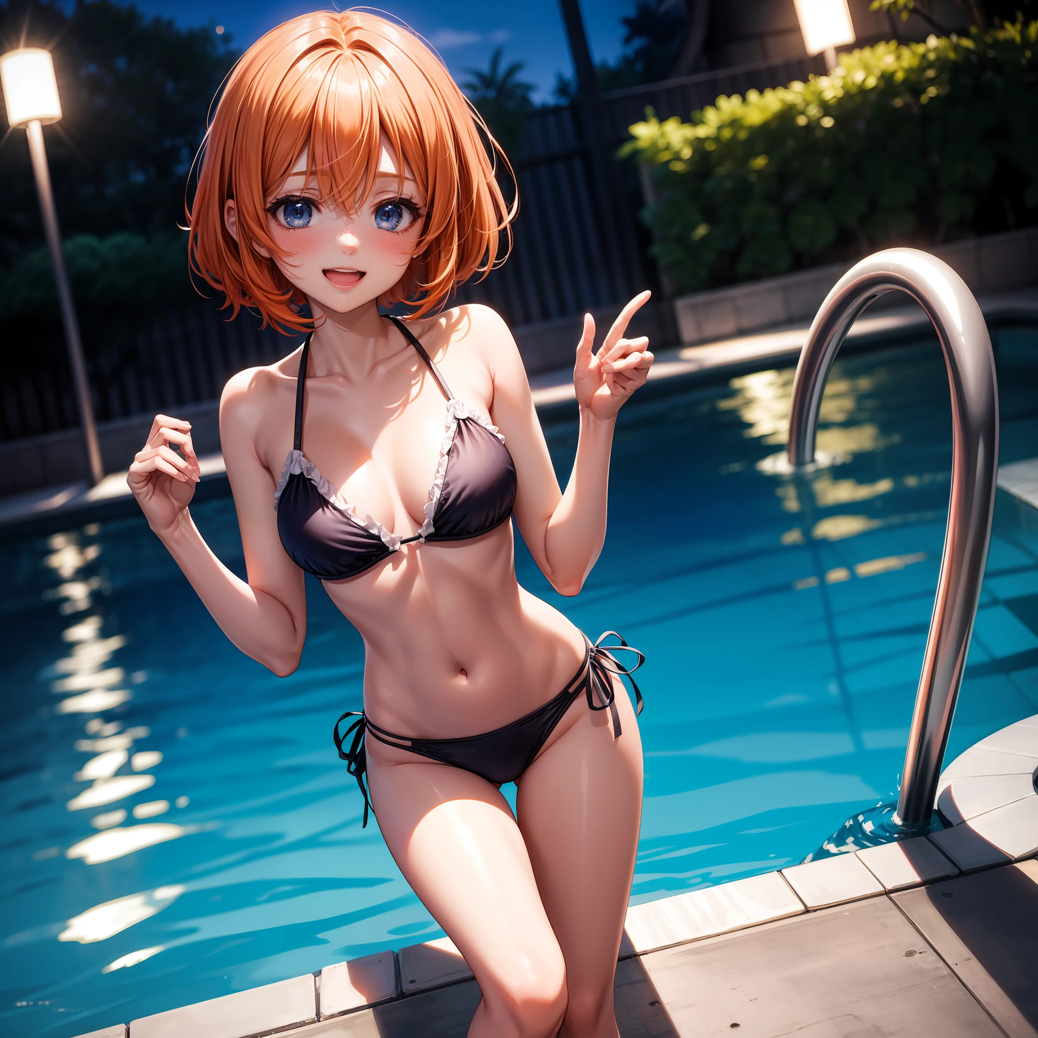 beste-Qualit、1girl,short stature、Orange hair、Bob Hair、Inner curl、Blue eyes、Pink blush color under the eyes、Red cheeks、Opening Mouth、a smile、Put your hands on your face、Black ruffled bikini:1.4、small tits:1.5、Constriction:1.2、Thin leg:1.1、Standing position、natta、in poolside、dark ilumination、empty of people、View here、Angle from diagonally above、Background blur