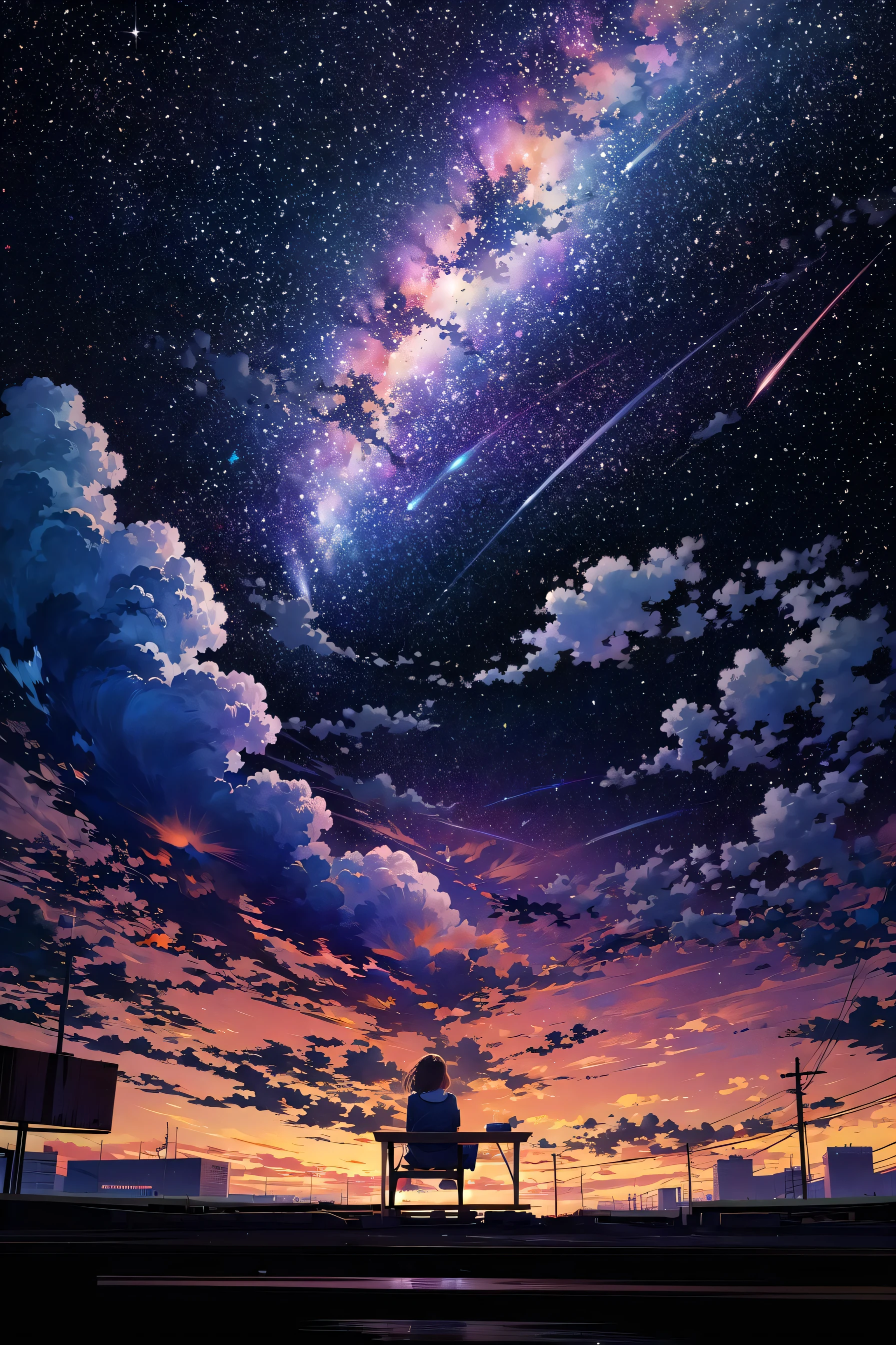 octans, sky, star (sky), scenery, starry sky, night, 1girl, night sky, solo, outdoors, building, cloud, milky way, sitting, tree, long hair, city, silhouette, cityscape