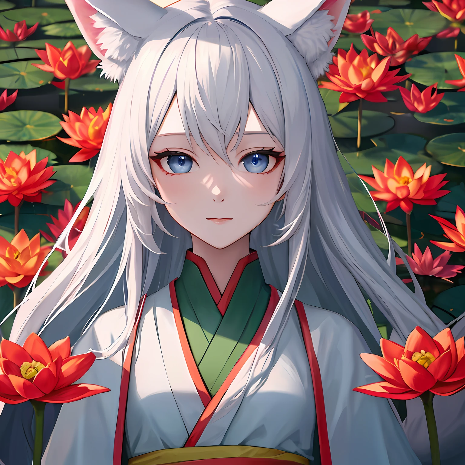 ((4k,masterpiece,best quality)), shuimobysim, hyperreaistic, lotuses, Hanfu, maxiskit, conservativelydressed , 独奏, White hair, fox ear, white colors,Detailed face,Detailed eyes