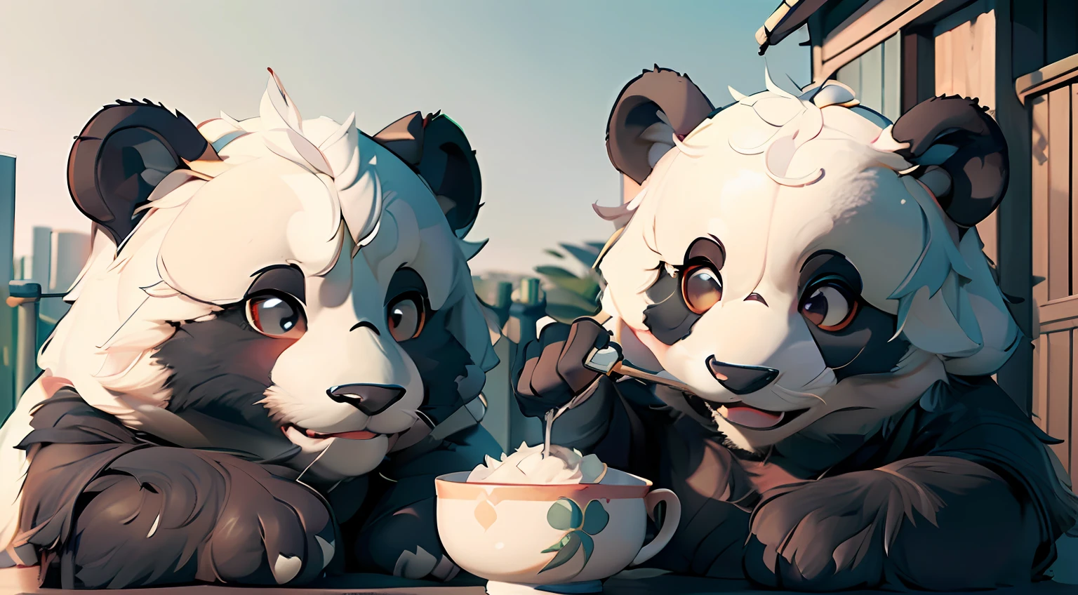 ((best qualtiy)), ((tmasterpiece)), (the detail),((Anthropomorphic illustration)), Cute giant pandas eating bamboo,in the style of Hayao Miyazaki,Chinese giant panda,Cute panda,Hyper-realistic,Detailed,Natural lighting,Clean background,C4D,Dreamy,coldcolor --auto