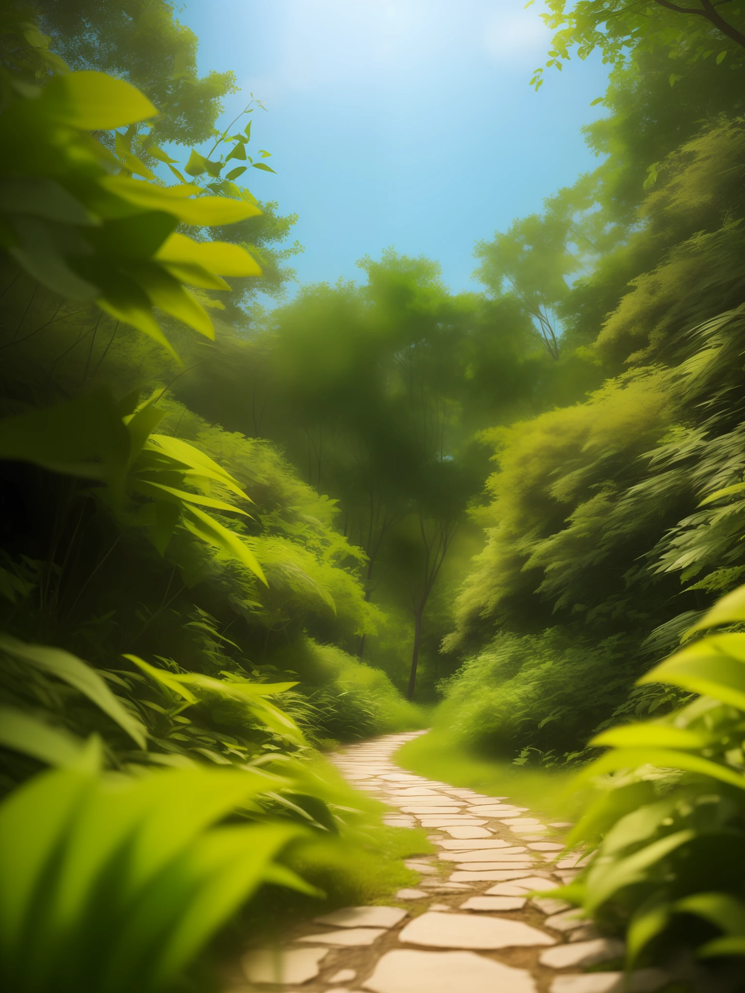 (extremely detailed CG unity 8k wallpaper, masterpiece, best quality, ultra-detailed),(best illumination, best shadow, an extremely delicate and beautiful),floating,path surrounded by dense forest and overgrown by wild plants and herbs, the greenery is lush and vibrant, (trees and bushes:1.2), the path is overgrown on both sides by dense and lush vegetation, volumetric light, depth of field, natural depth transition, perfect color balance.