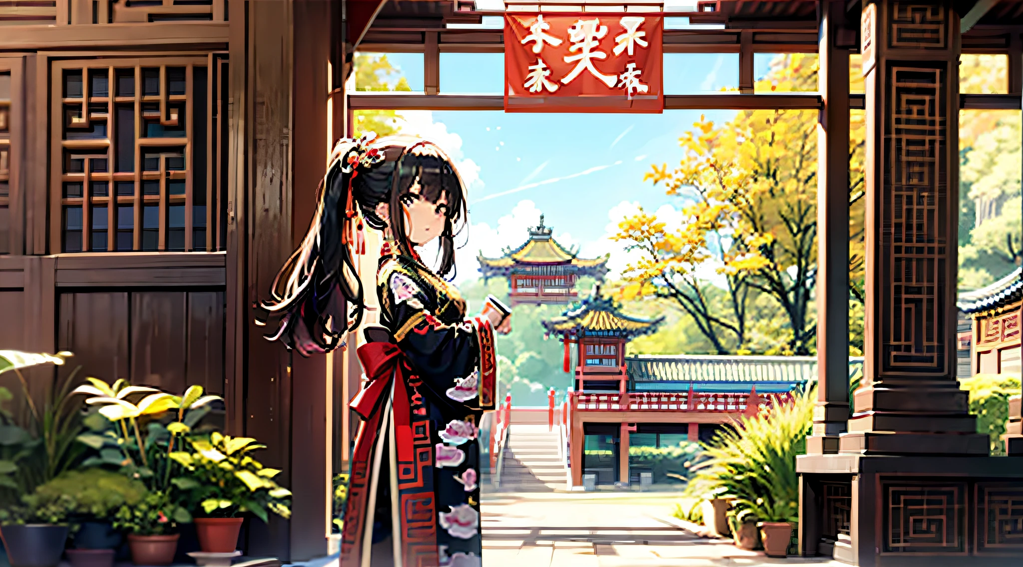 In the palace,A little girl with long black hair,Tsundere turned his head,Traditional Chinese costumes,Chinese Ancient Architecture