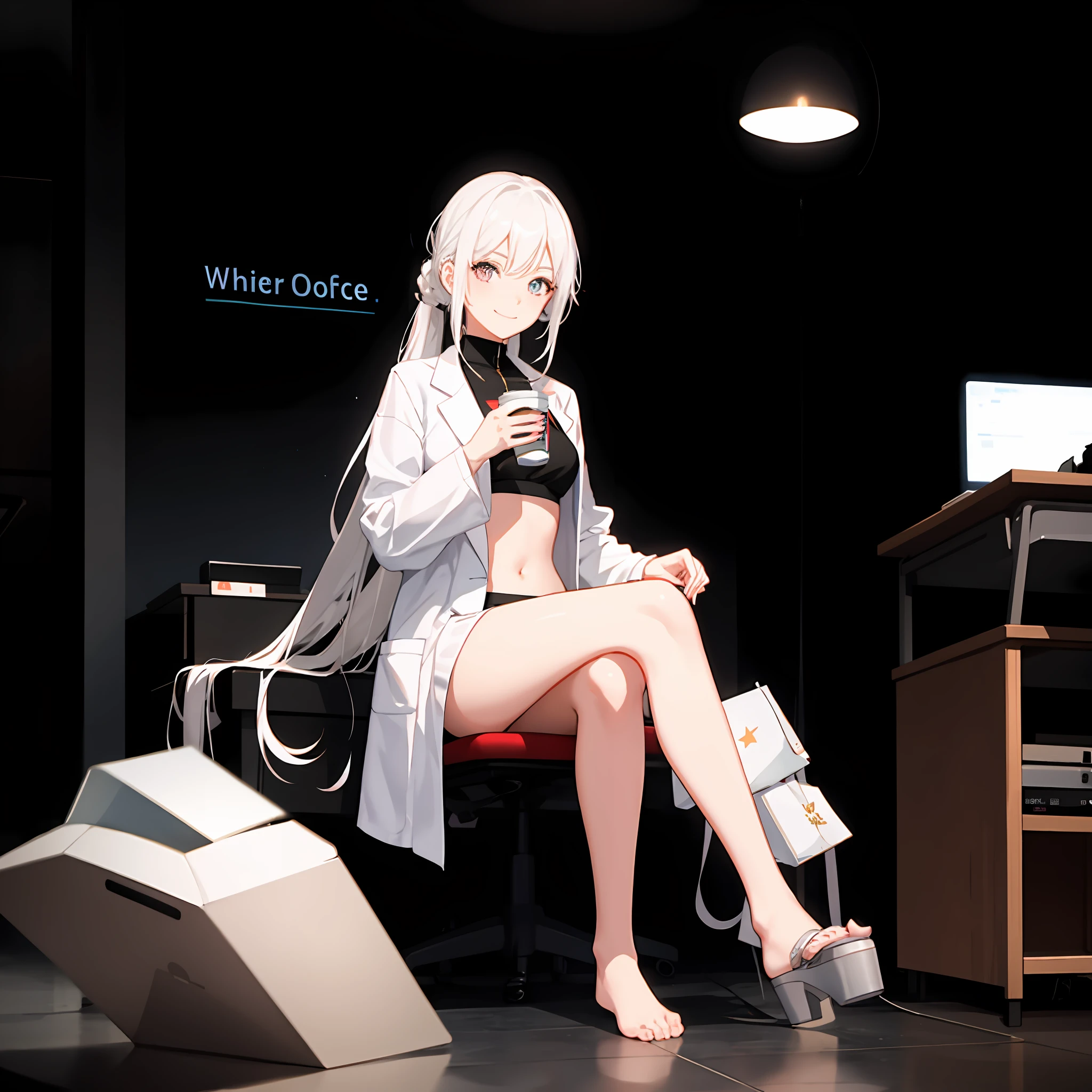 White hair,Long hair, Draped hair, no ponytail girls, White lab coat, Coat, A cup, head-up to the camera, Facing the camera, In a dark room,The girl sat in a black office chair, with her hands folded on her chest, revealing her legs in black silk, With a smiling emoji, and her left foot on her right foot,There is a bunch of flashing displays behind the girl,The display is on a black desk,