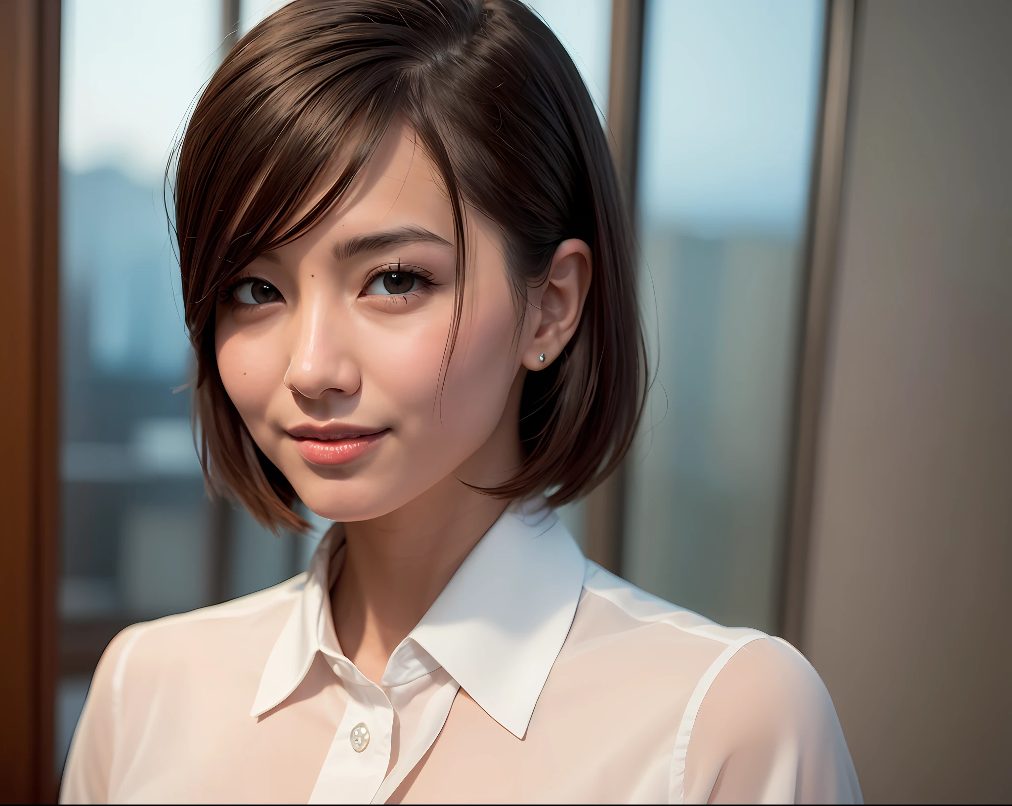 (8k, best quality, masterpiece:1.2), (realistic, photo-realistic:1.37), ultra-detailed, 1 girl,cute, solo,beautiful detailed sky,detailed office,night,sitting,(nose blush),(smile:1.15),(closed mouth) , medium breasts,beautiful detailed eyes,(collared shirt:1.1), night, wet,business attire, rain, (short hair:1.2), pureerosface_v1, computer, detail finger, beautiful detailed face,
