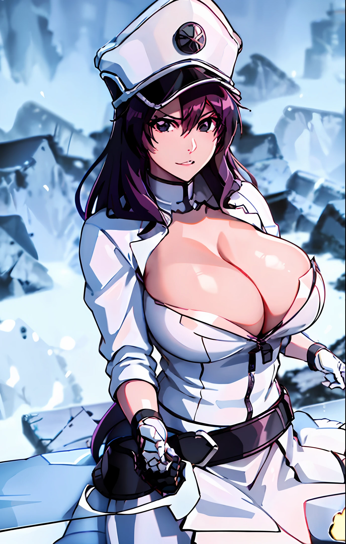 A beauty with big breasts in a straitjacket