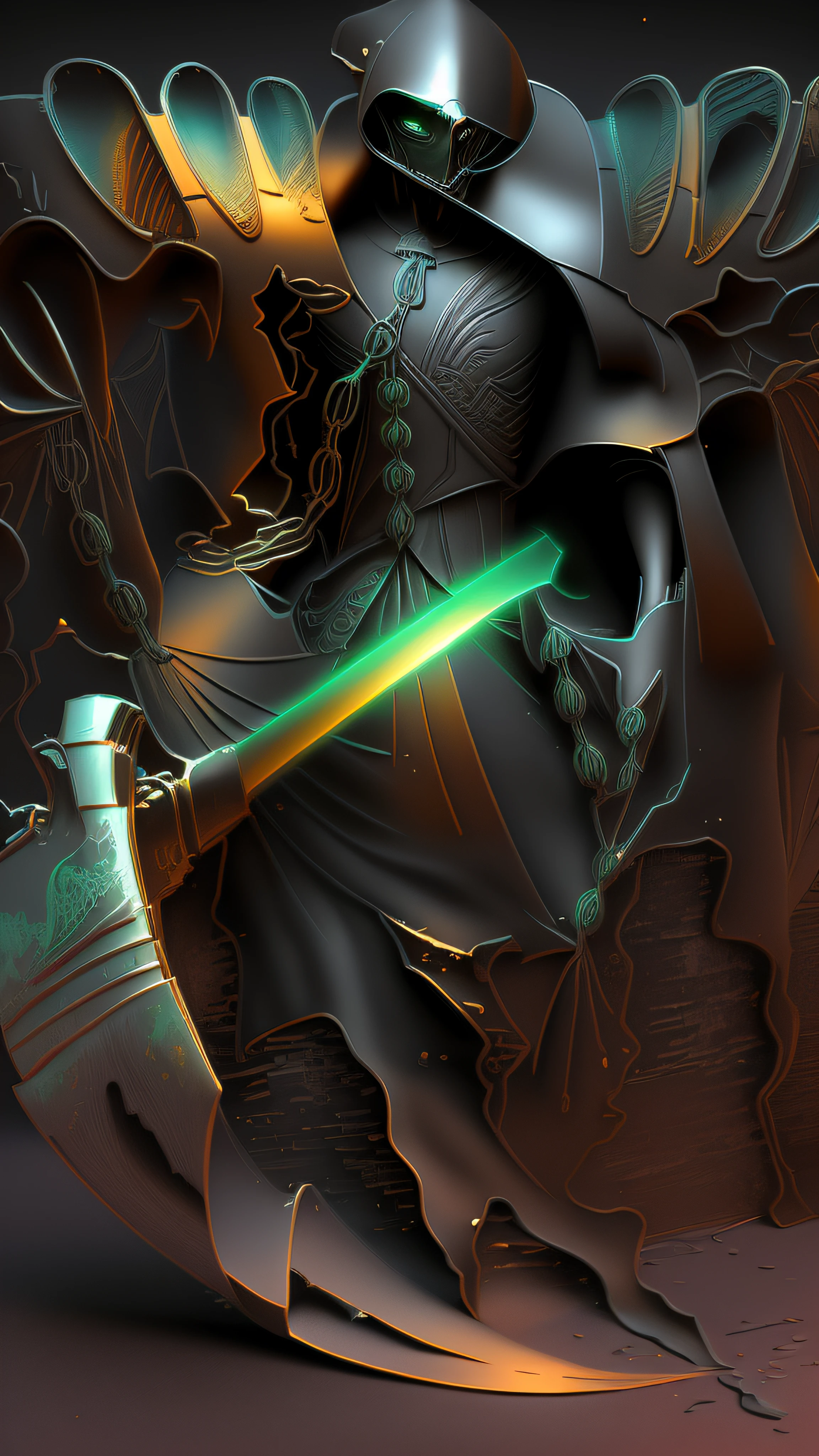there is a man in a costume holding a sword in a forest, pintado como uma arte conceitual de jogo, arte de fantasia digital 3d detalhada, manto texturizado de tecido antigo medieval, Vencedor do concurso Polycount, arte conceitual estilizada, arte conceitual sombria, arte conceitual acabada, Vencedor do concurso Artstation, cavaleiro morto-vivo, arte conceitual arcana, Epic Fantasy Digital Art Style, representation of Death, foice reluzente, 3D-rendering, Raytraced, ray-traced, Fulgurar, Bokeh, NVIDIA