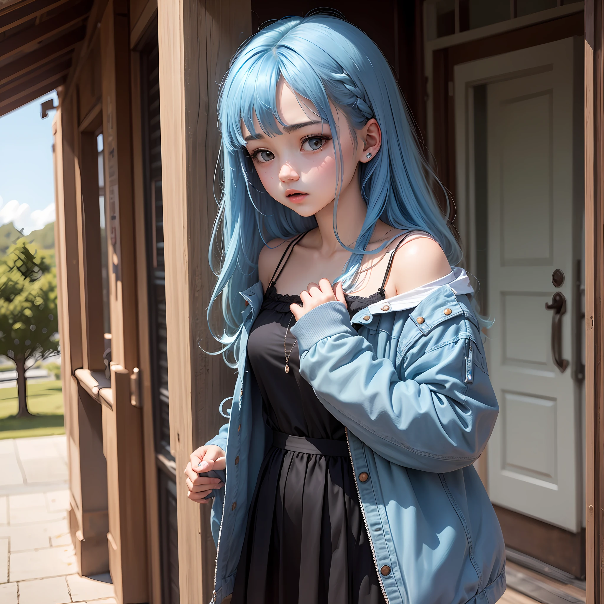 teens girl,blue hair,shy --auto