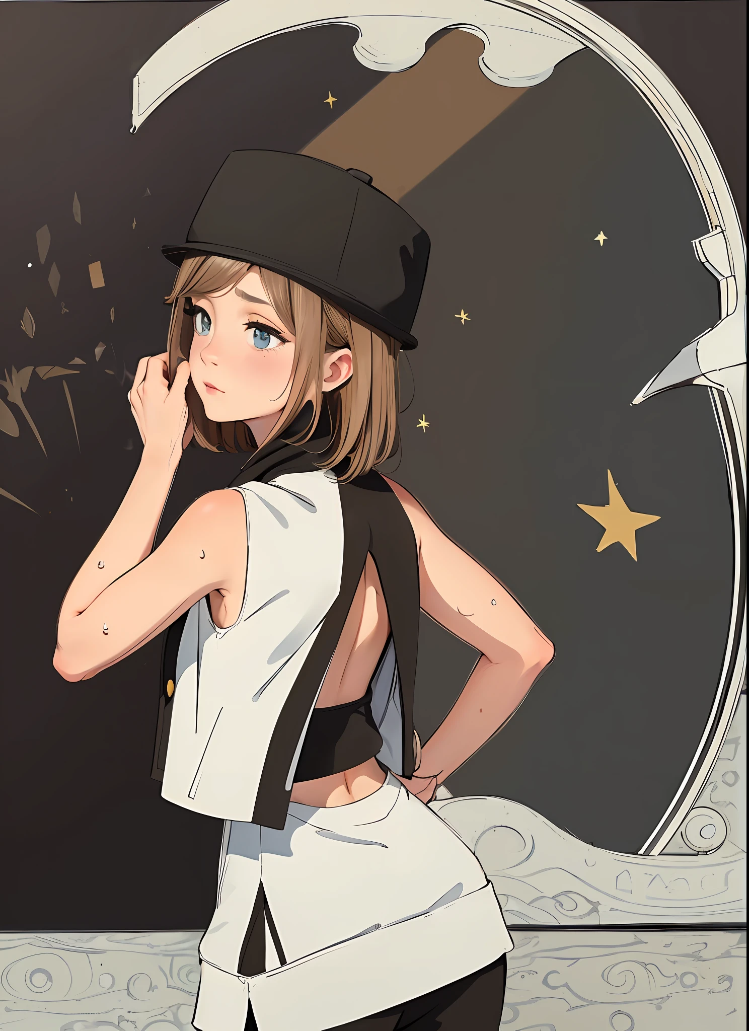 (巨作)，High-quality painting，Full of detail，City scene，(A woman wearing a white vest and hat)，(with short brown hair+eBlue eyes) And sweat all over the body，(Under the sunlight) looking to the camera，(Crescent short top:1.3),(Short hair on the back:1.2),(Light brown eyeshadow:1.2),Crop top，jogging。