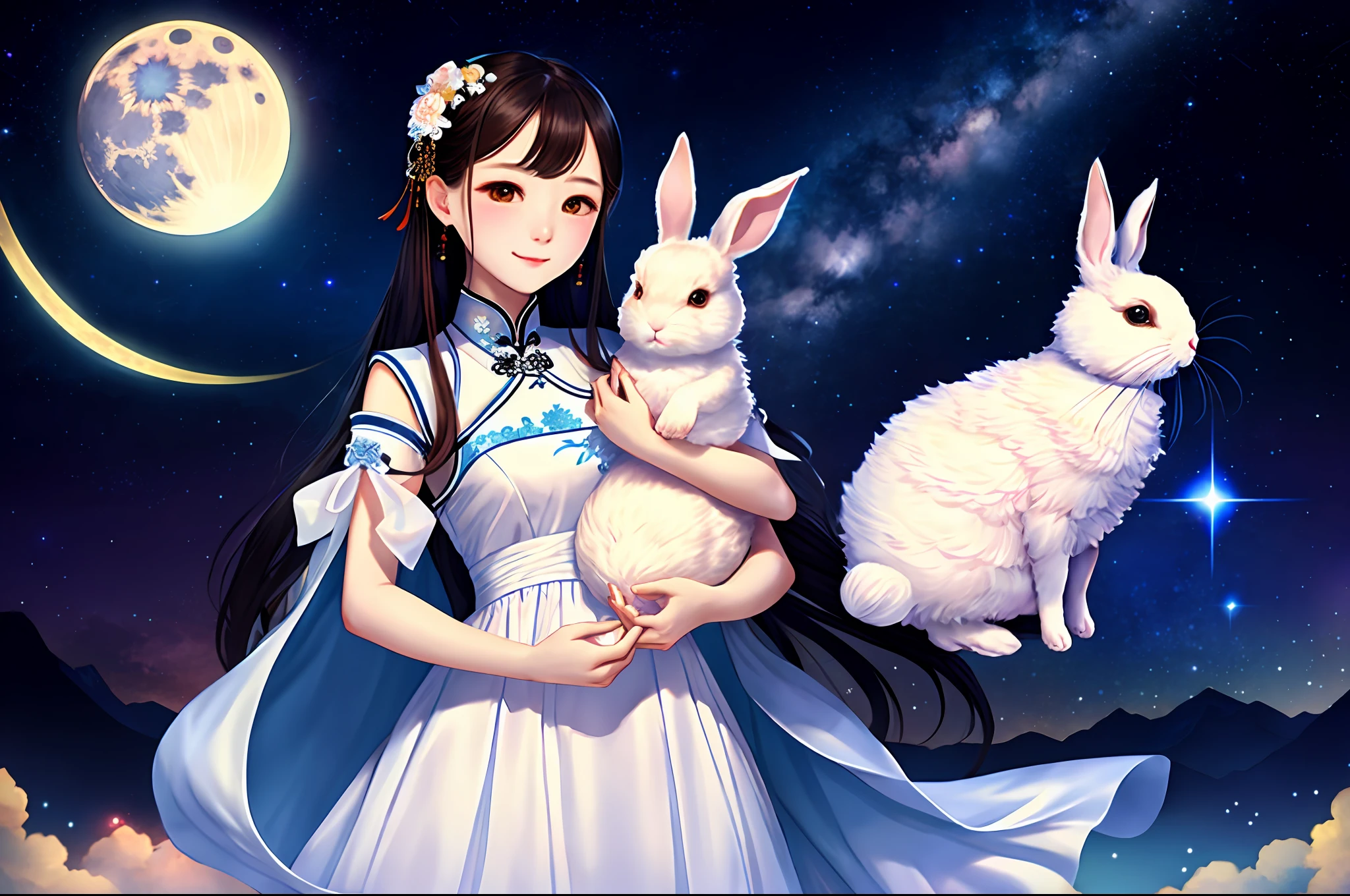 Girl in white gauze dress、China-style、Starry sky moon background、Holding a rabbit in his arms