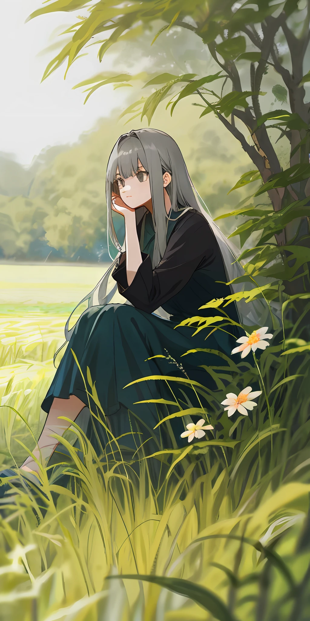 Long gray haired girl sitting in a field of greenery and flowers,her hand under her chin,nakeness