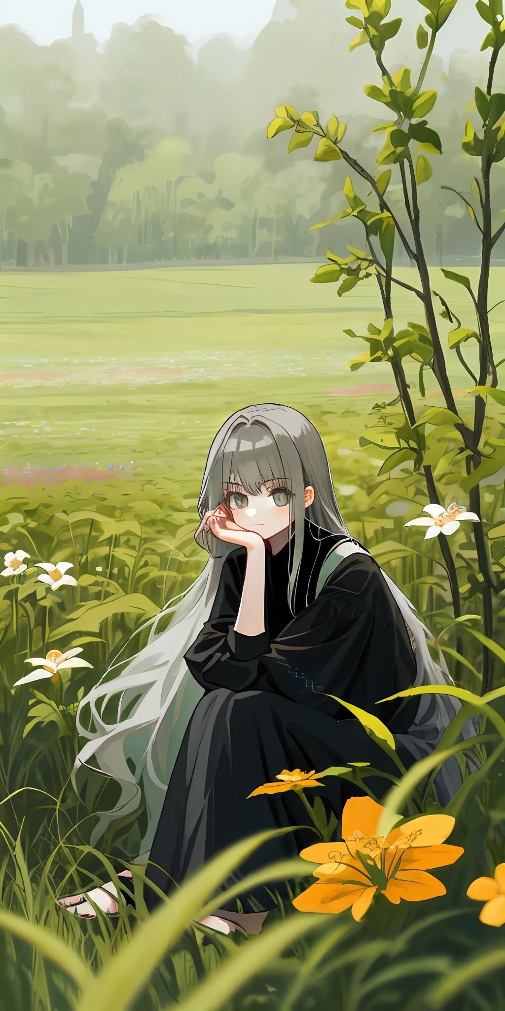 Long gray haired girl sitting in a field of greenery and flowers，her hand under her chin，nakeness
