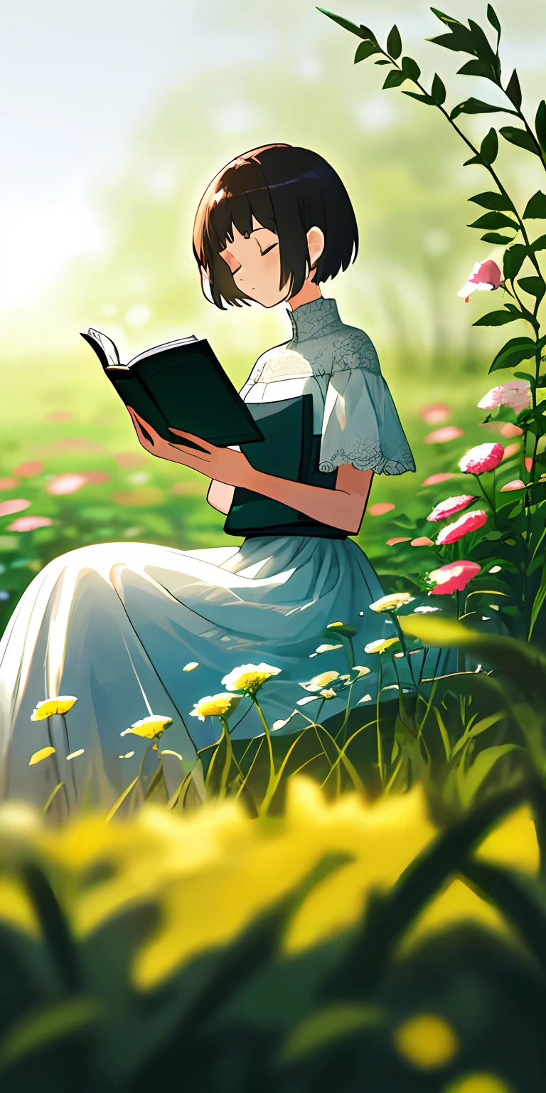 （tmasterpiece，best qualtiy），1 girl with short hair sitting in a field of greenery and flowers，She was reading poetry，warmly lit，white dresses，Blurred foreground