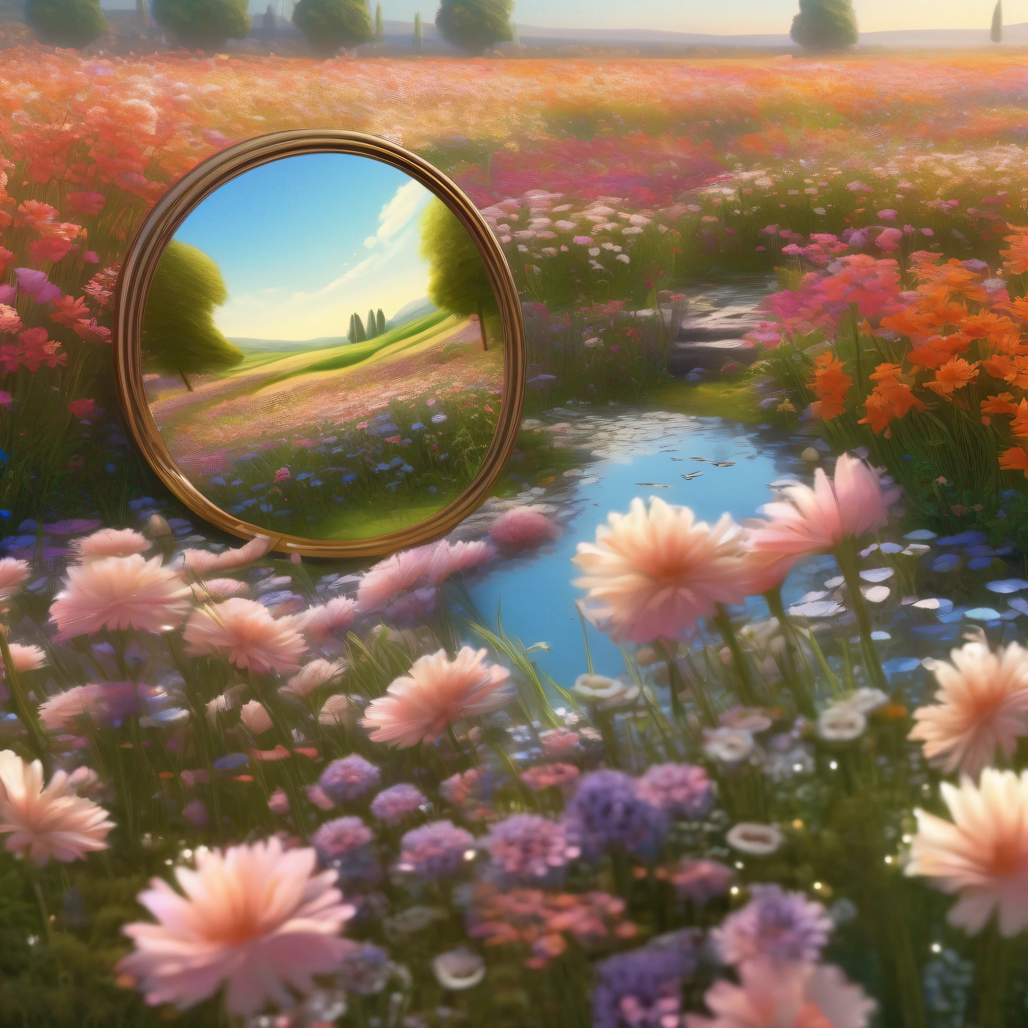 A big beautiful mirror in a flower field,Beautiful art UHD 4 K, Detailed scenery —width 672, author:Franz Hergi, scenery art detailed, 8K high quality detailed art, 4k highly detailed digital art, beautiful high resolution, 4 k matte thomas kinkade