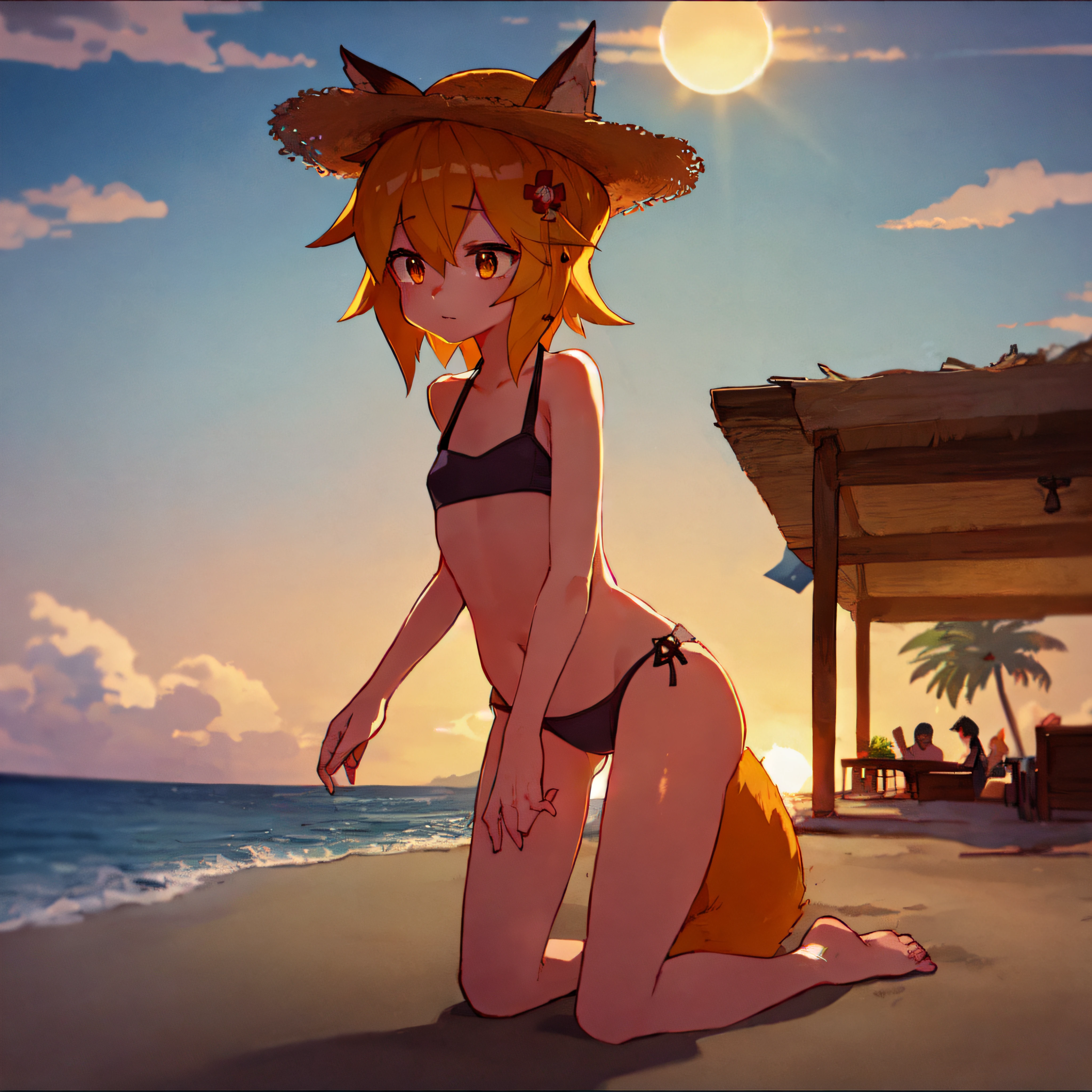ultra-detailed, (detailed light:1.05), detailed background, detailed face, detailed eyes, sen, animal ears, fox ears, fox girl, fox tail, hair flower, hair ornament, orange eyes, orange hair, short hair, tail, flat chest, 1 girl, solo, sun day, kneeling, sea far, summer, beach, stands on the sand, in a bathing suit, straw hat, sunset, sun over the sea, illustration, cinematic lighting, Futurism, backlighting, En plein air, anime style, Gothic art, Romanticism, Pixar, Futurism, backlighting, En plein air, anime style, Gothic art, Romanticism, Pixar, Futurism, backlighting, En plein air, anime style, Gothic art, Romanticism, Pixar, Futurism, backlighting, En plein air, anime style, Gothic art, Romanticism, Pixar, best quality, masterpiece, UHD, UHD