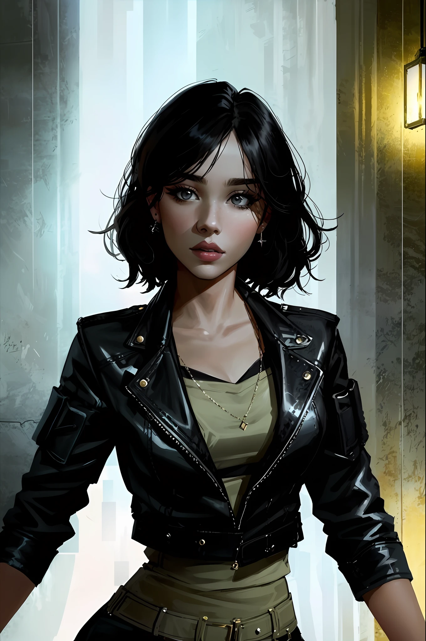 arafed woman in a leather jacket and green top posing for a picture, style of charlie bowater, charlie bowater character art, in style of charlie bowater, neoartcore and charlie bowater, artwork in the style of guweiz, charlie bowater art style, alice x. zhang, ross tran style, beautiful character painting, wojtek fus