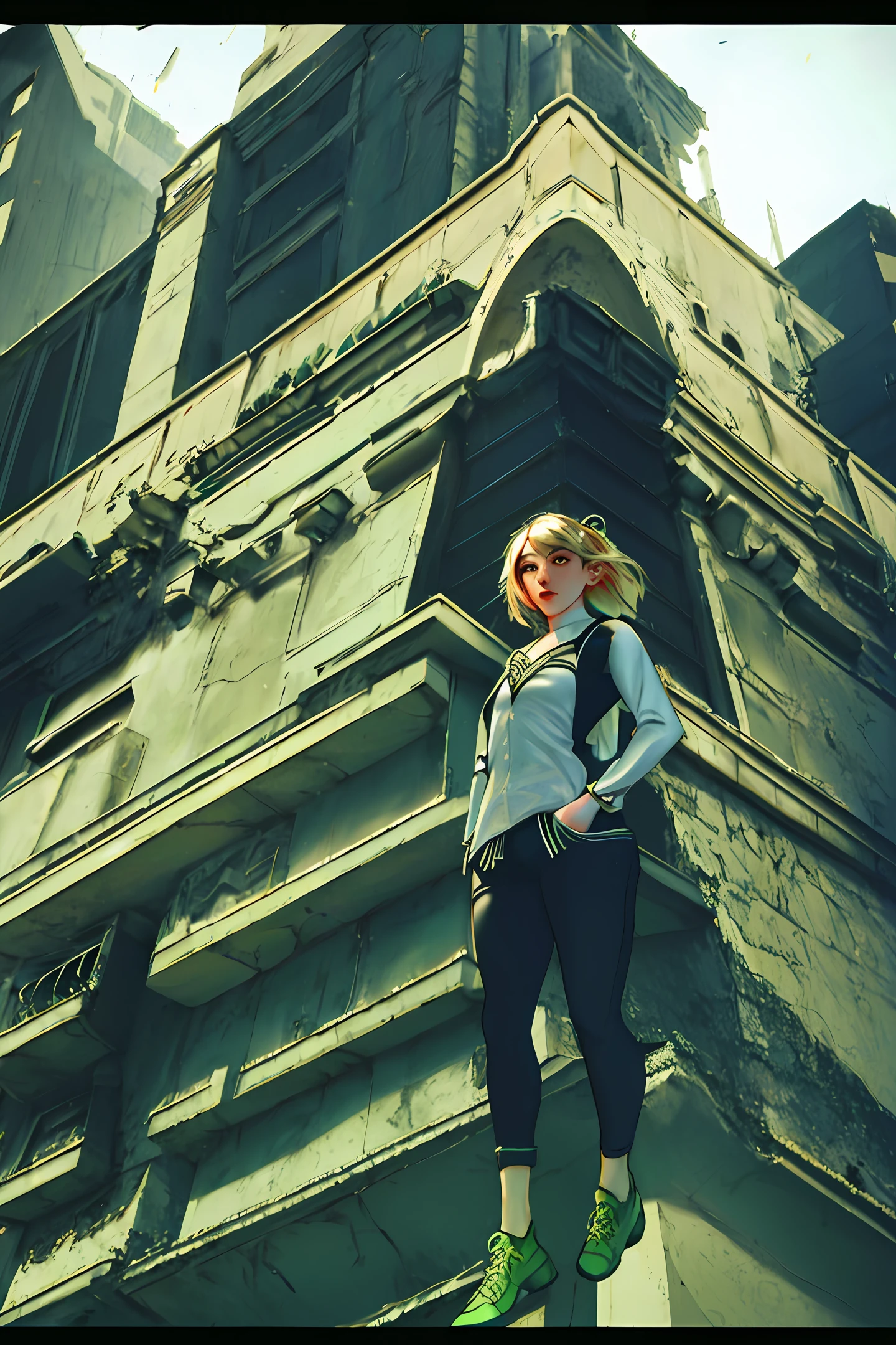 Gwen Stacy, Full body, On top of the building, Cinematic, Ultra photo realsisim，Green canvas shoes
