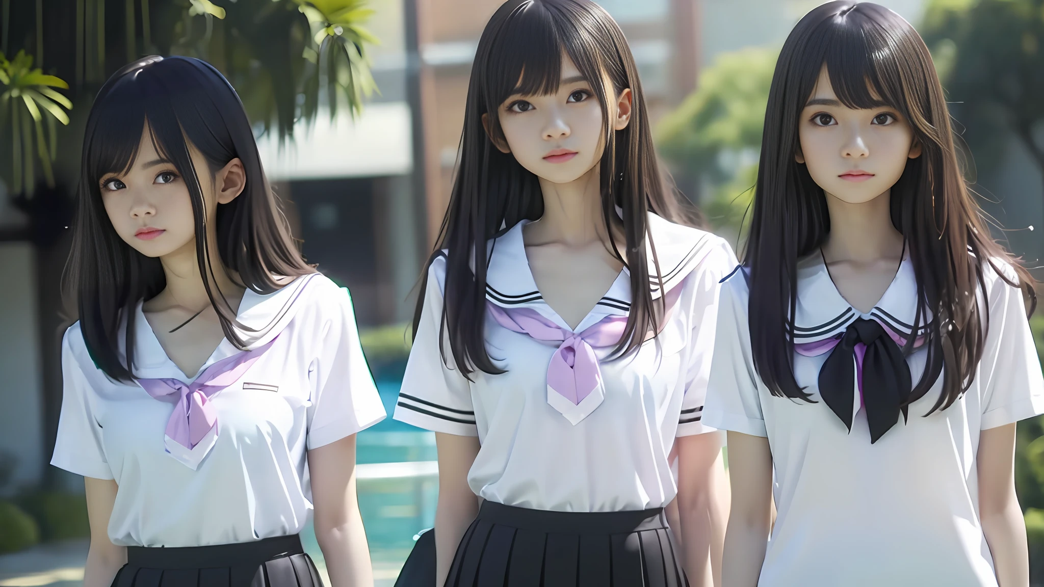 middle school girl,whitet-shirt,black short skirt,JK school uniform,flatchest,Short black shoulder-length hair,Get wet all over your body,Expose white underwear,Realistic style --auto