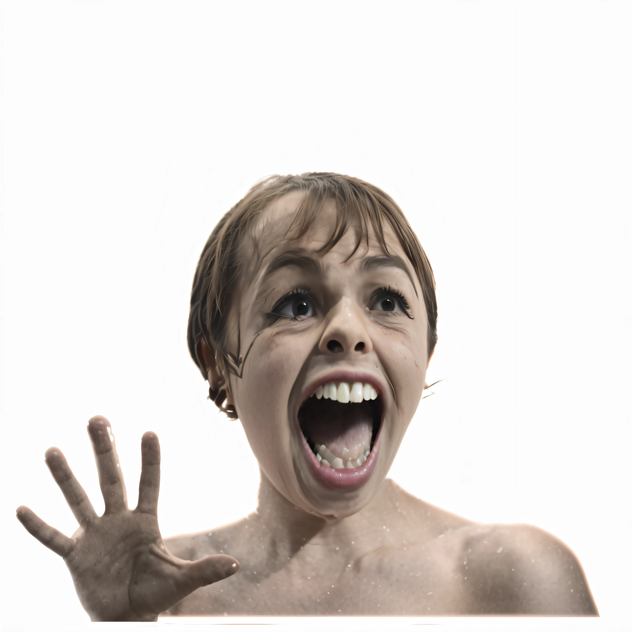 there is a young boy with his hands up and his mouth open, cara gritando, riso e cara de grito, excited facial expression, Gritando. not realistc, expressive surprised expression, gritando e chorando, boca escancarada no terror, gritando cara de modelo de moda, brutal joyful face expression, gritando em desespero, someone is screaming, excited expression, intense screaming expression