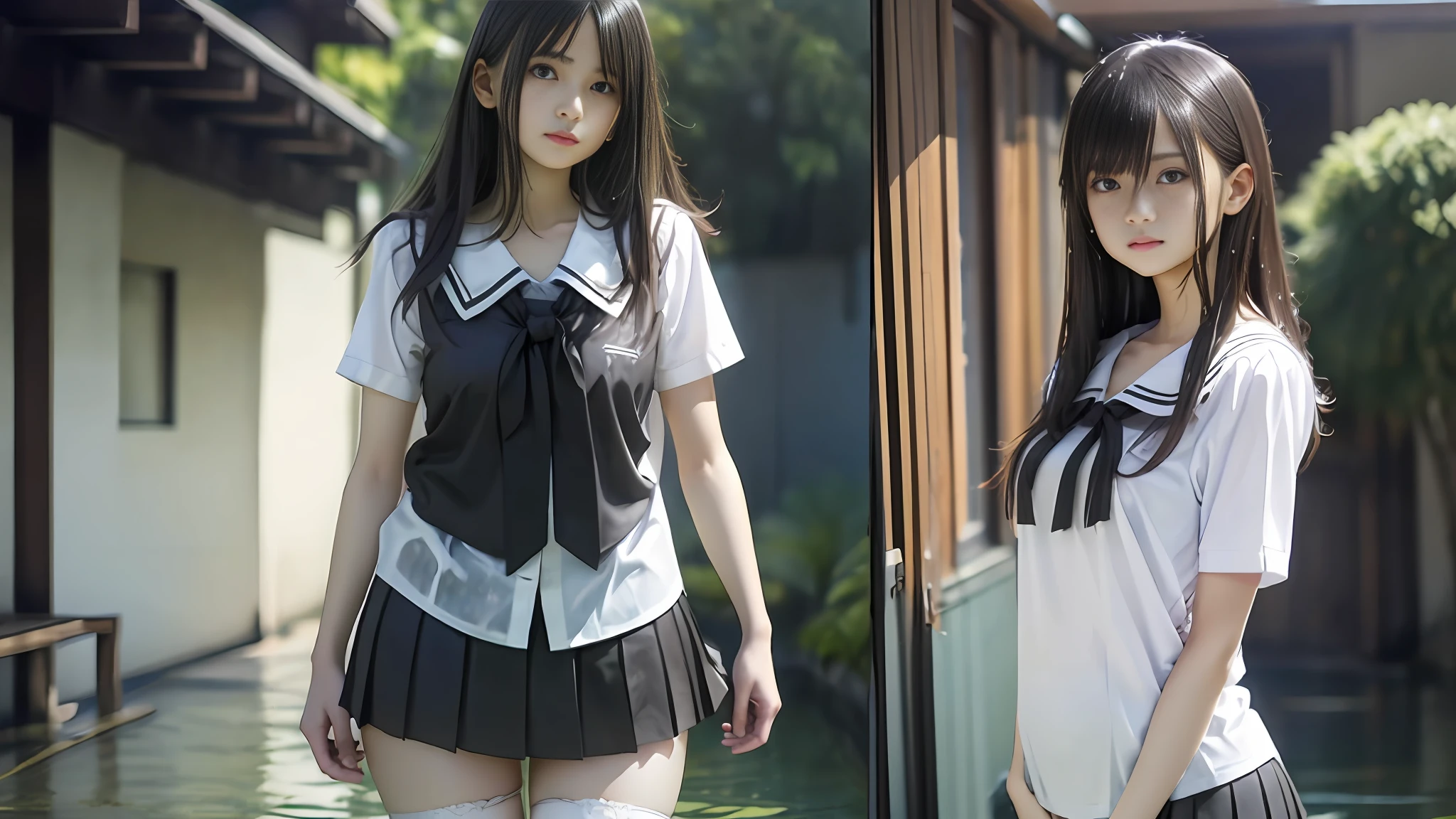 middle school girl，whitet-shirt，black short skirt，JK school uniform，flatchest，Short black shoulder-length hair，Get wet all over your body，Expose white underwear，Realistic style --auto