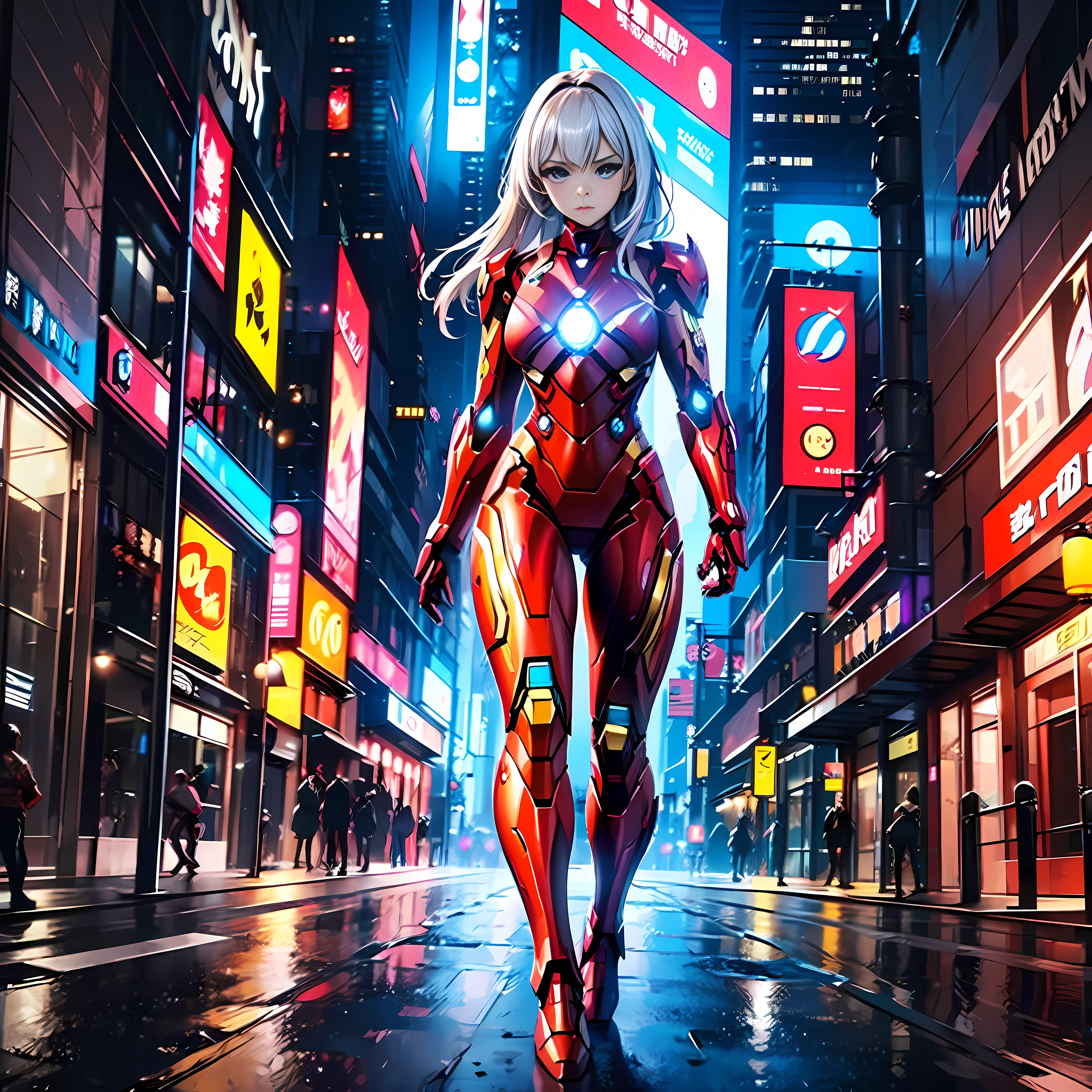 8k, realistic, attractive, highly detailed, a 20 year old girl a sexy and attractive woman inspired by Iron Man wearing a shiny Iron Man mech. She dresses with sexiness and confidence, perfectly interpreting Iron Man&#39;s strength and charisma. In a cyberpunk-style city night scene, a sexy and attractive woman takes Iron Man&#39;s cosplay as the theme. Wearing a shiny Iron Man mech, she stands on a street lined with tall buildings. The night lights of the city are bright, reflecting on her mecha, adding a sense of future technology. The surrounding buildings and streets are full of cyberpunk elements, such as neon lights, high-tech devices and futuristic architectural designs. The whole scene is full of futuristic and sci-fi atmosphere. This high-definition, high-quality picture will bring you stunning visual enjoyment, a perfect combination of sexy, futuristic and sci-fi elements. oc rendering, dramatic lighting, award winning quality