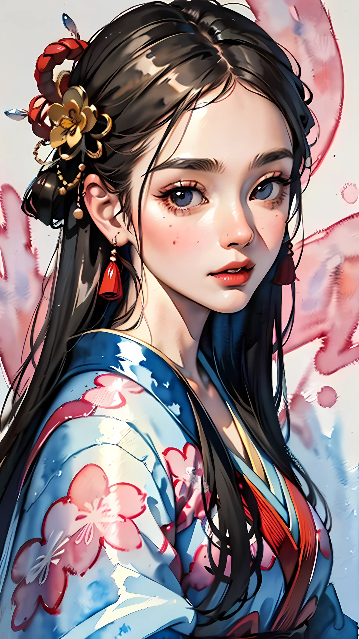 (masterpiece:1.2, best quality), (very detailed face, real picture, realistic skin, realistic body, intricate details), solo, 1milf, casual,ukiyo-e, (Watercolor:1.3), Oiran,